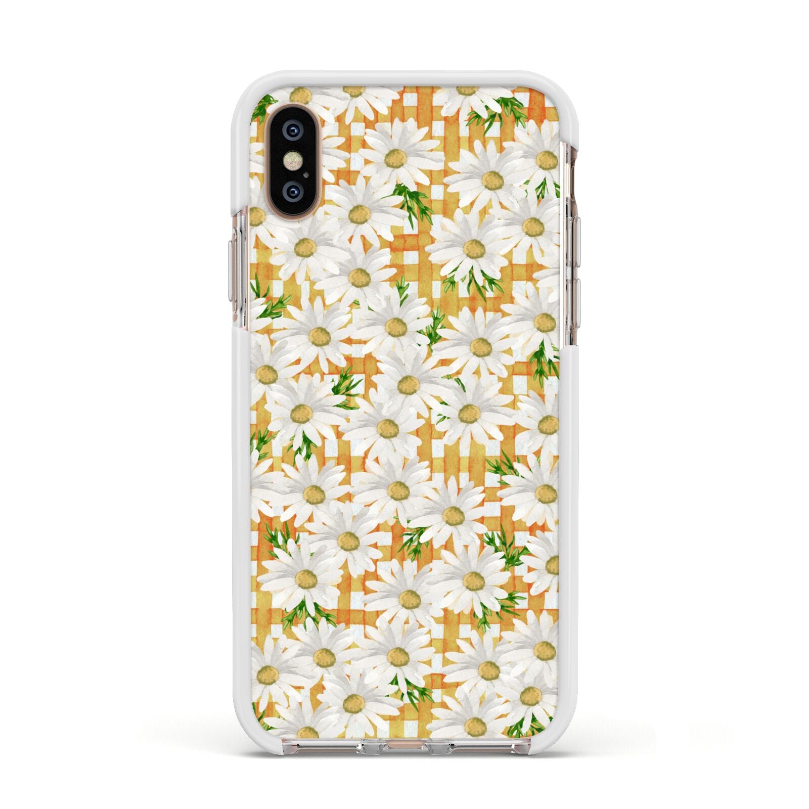 Checkered Daisy Apple iPhone Xs Impact Case White Edge on Gold Phone