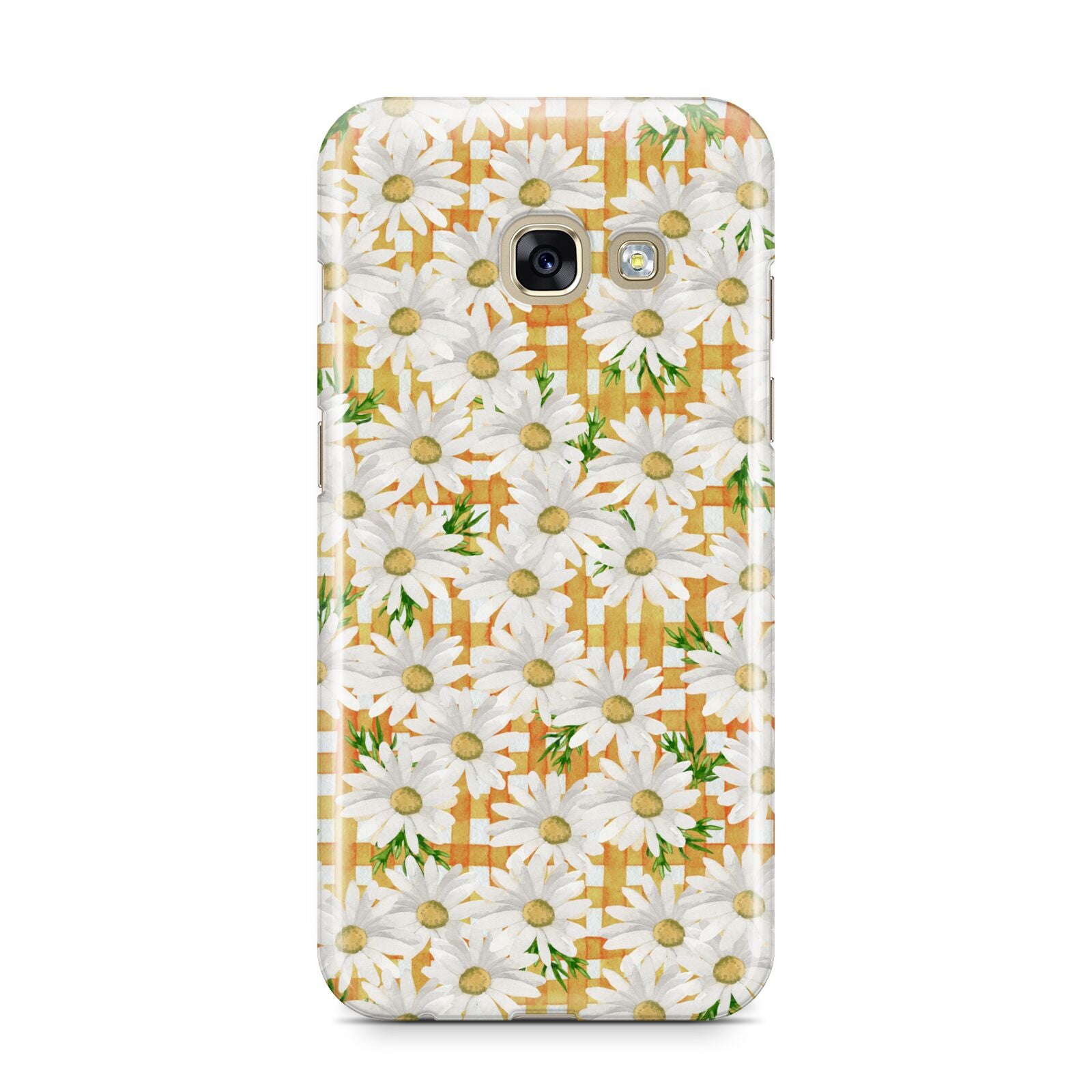 Checkered Daisy Samsung Galaxy A3 2017 Case on gold phone