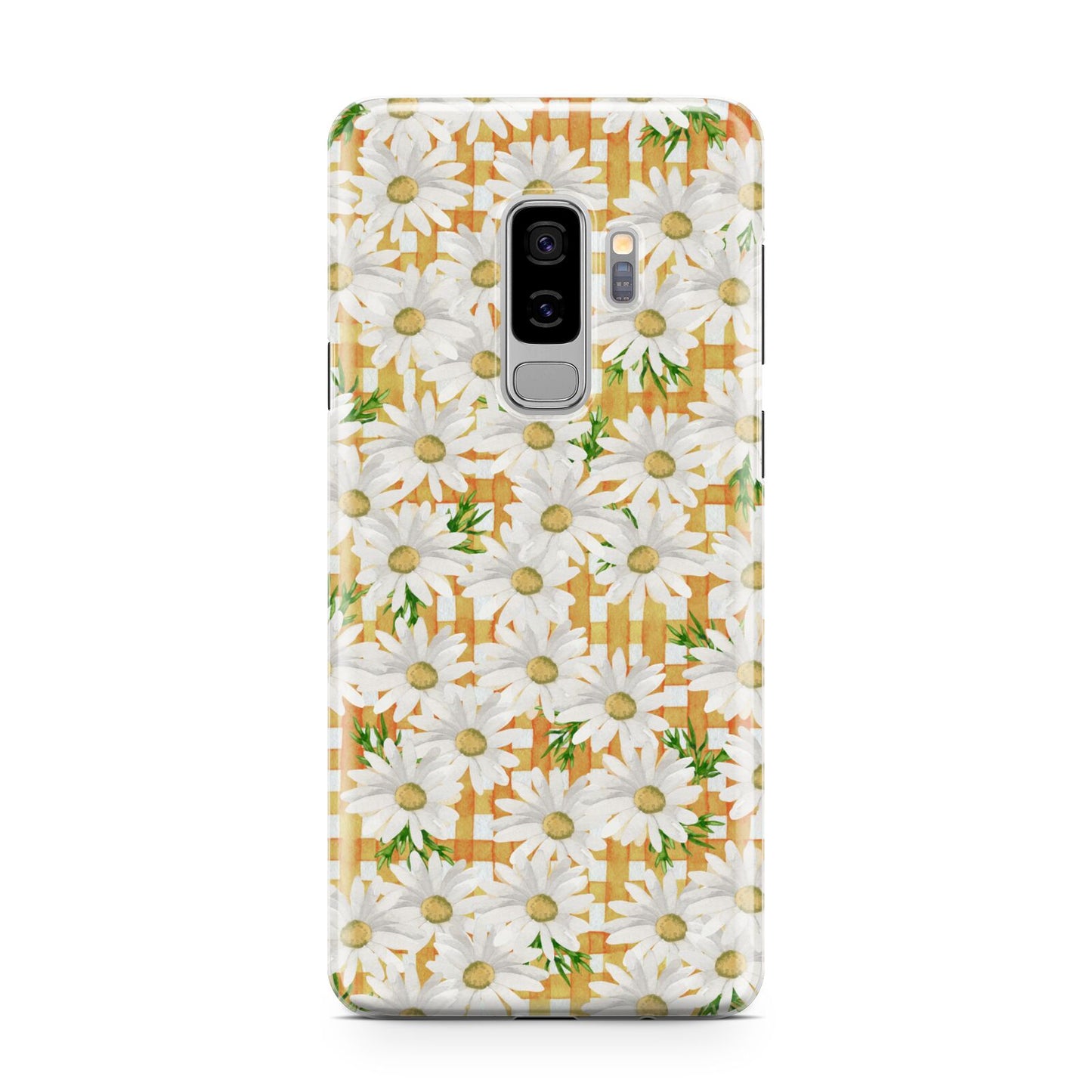 Checkered Daisy Samsung Galaxy S9 Plus Case on Silver phone