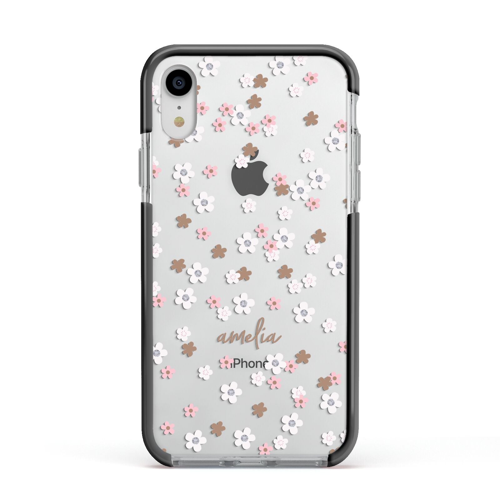 Cherry Blossom with Name Apple iPhone XR Impact Case Black Edge on Silver Phone