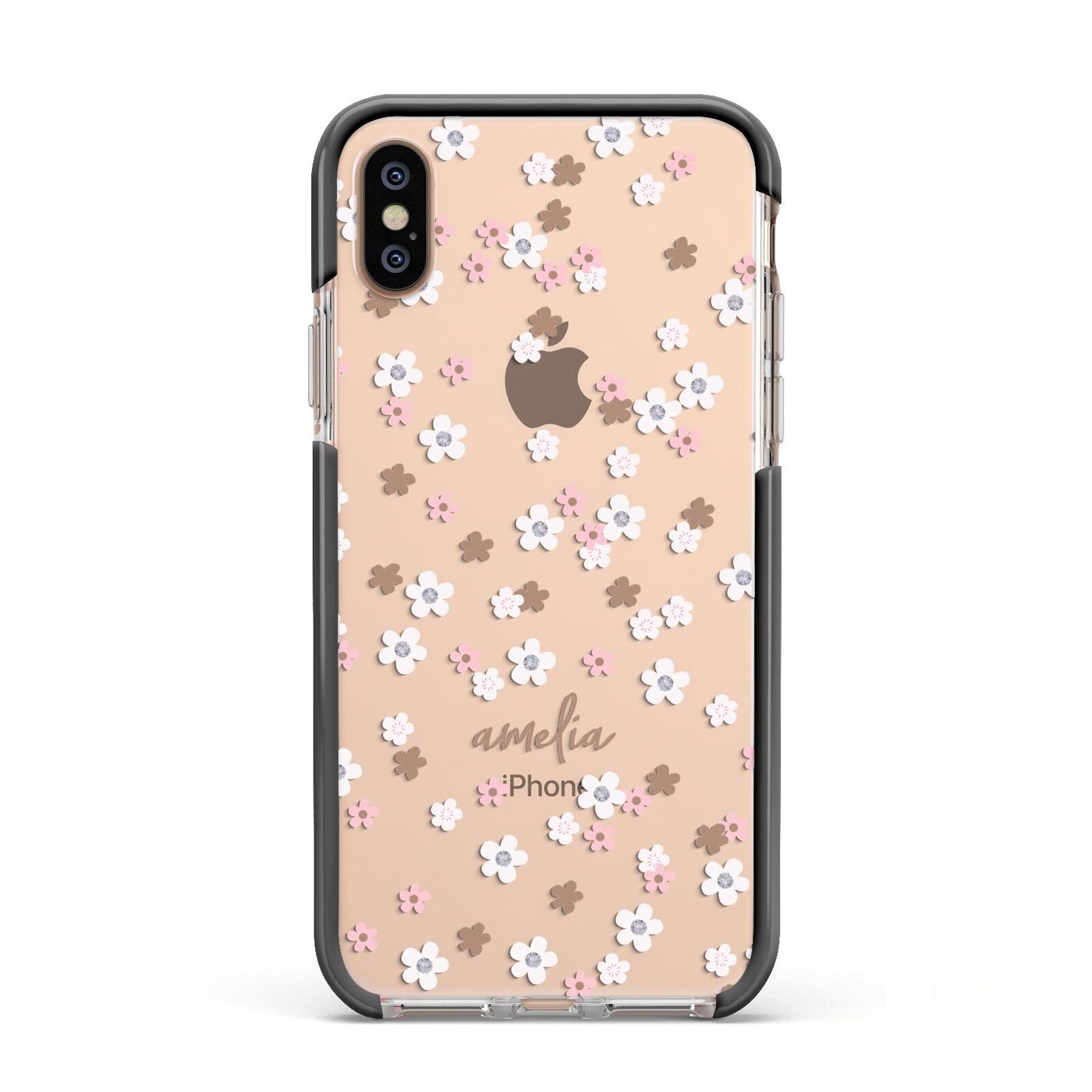 Cherry Blossom with Name Apple iPhone Xs Impact Case Black Edge on Gold Phone