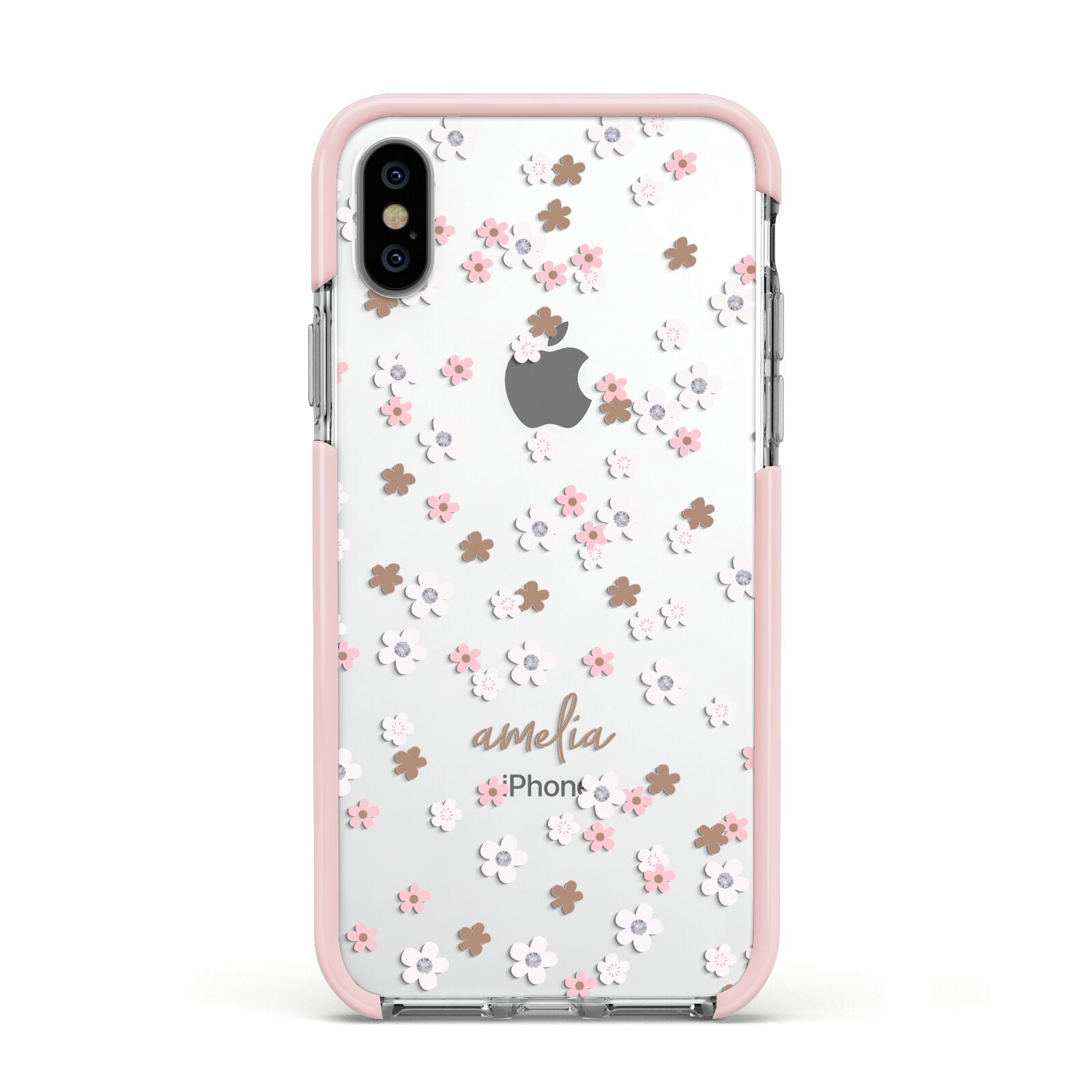 Cherry Blossom with Name Apple iPhone Xs Impact Case Pink Edge on Silver Phone