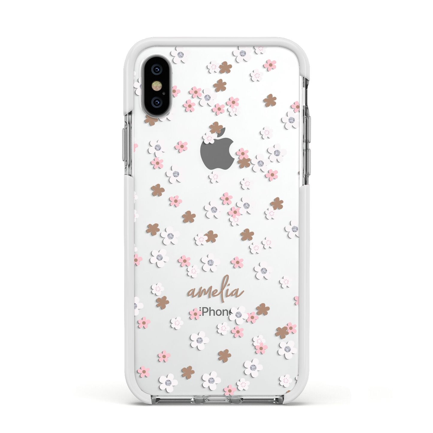 Cherry Blossom with Name Apple iPhone Xs Impact Case White Edge on Silver Phone