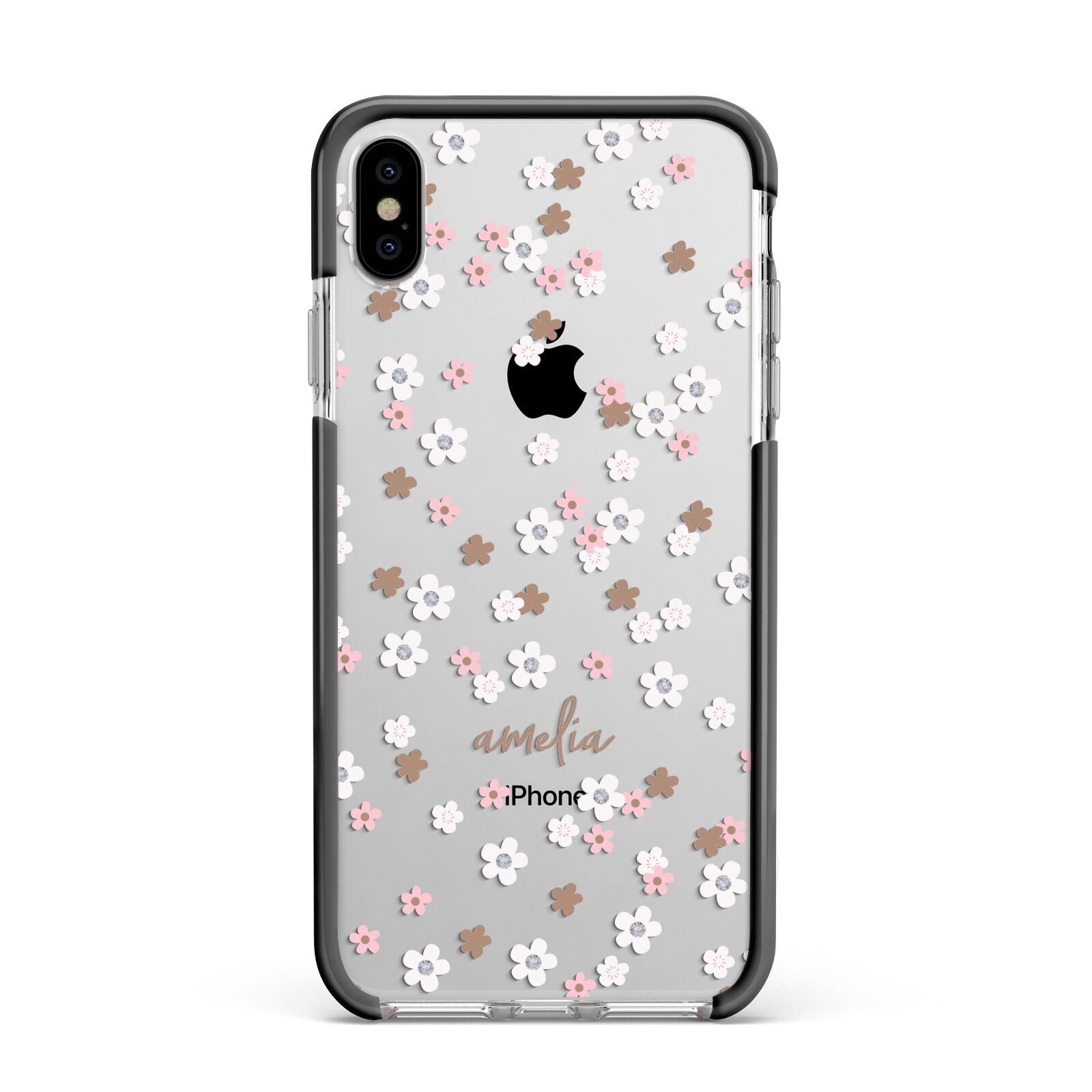 Cherry Blossom with Name Apple iPhone Xs Max Impact Case Black Edge on Silver Phone