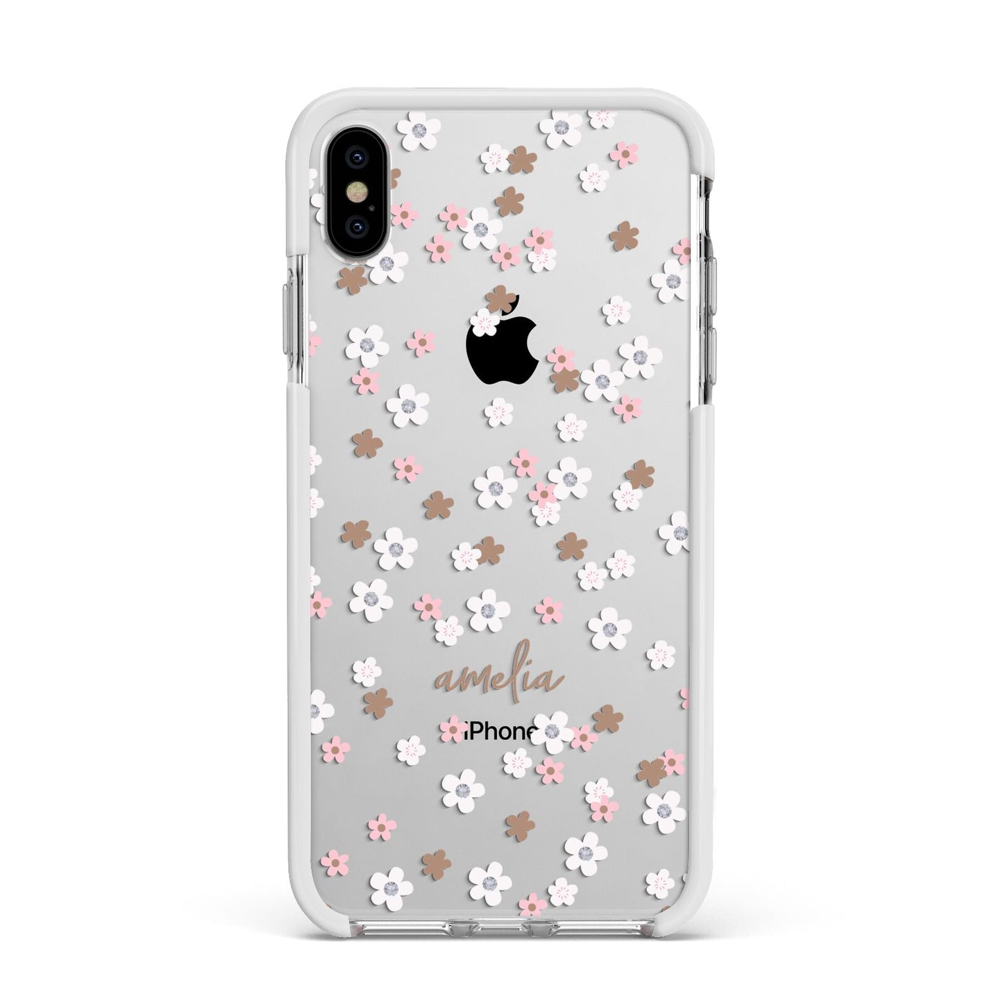 Cherry Blossom with Name Apple iPhone Xs Max Impact Case White Edge on Silver Phone