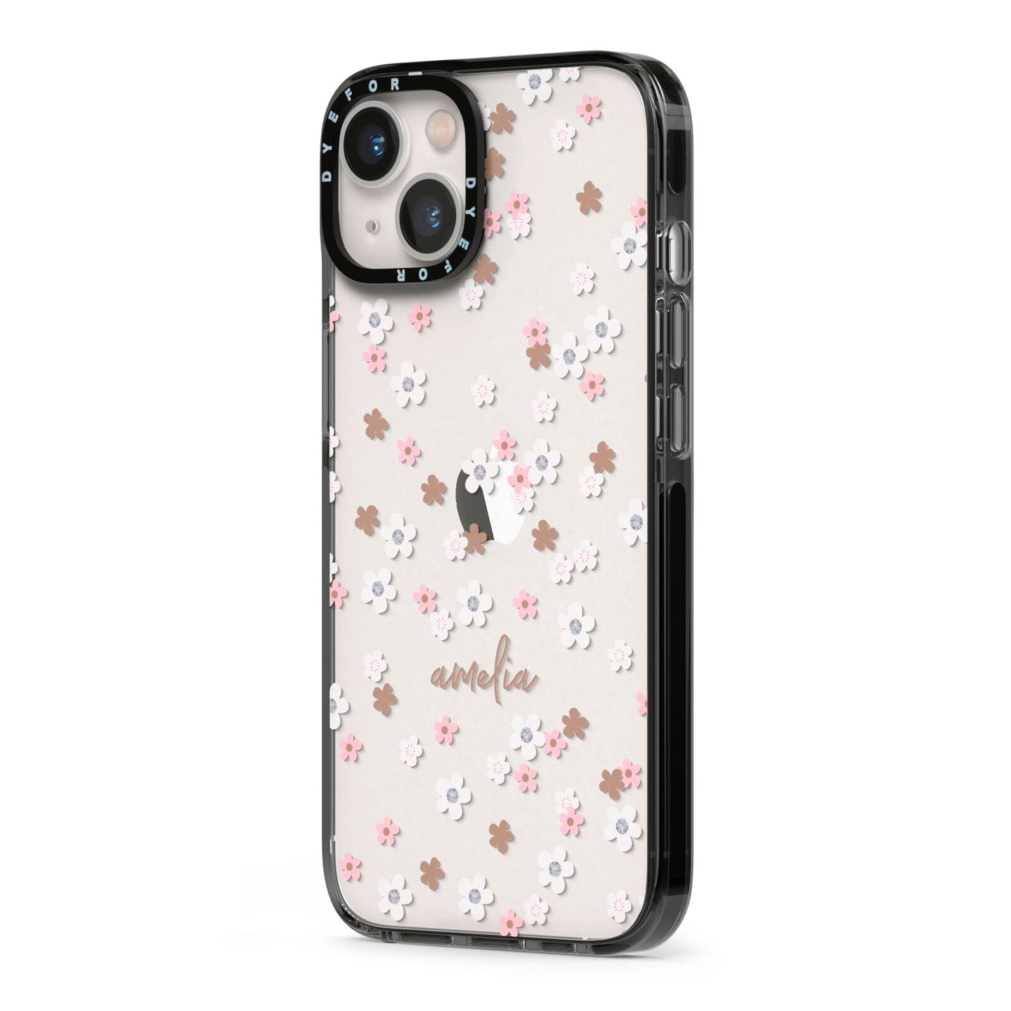 Cherry Blossom with Name iPhone 13 Black Impact Case Side Angle on Silver phone