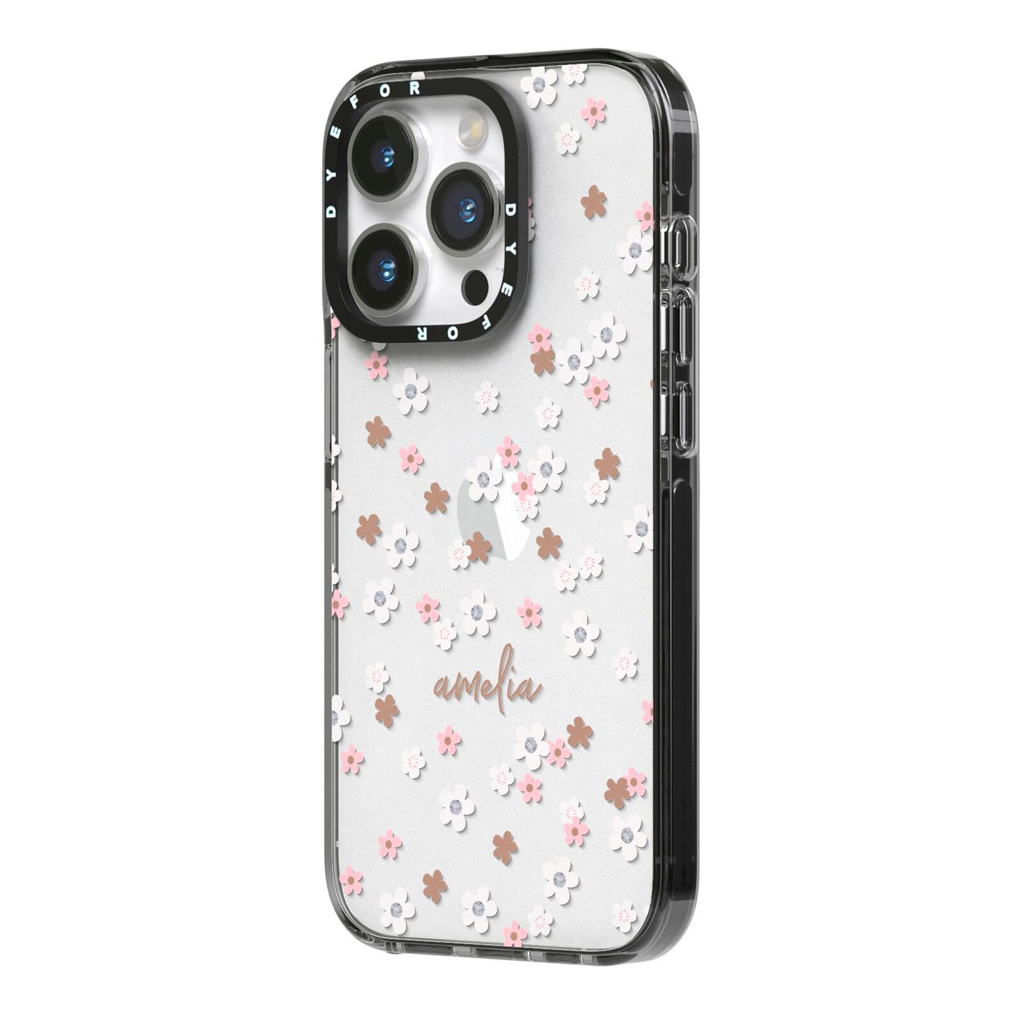 Cherry Blossom with Name iPhone 14 Pro Black Impact Case Side Angle on Silver phone