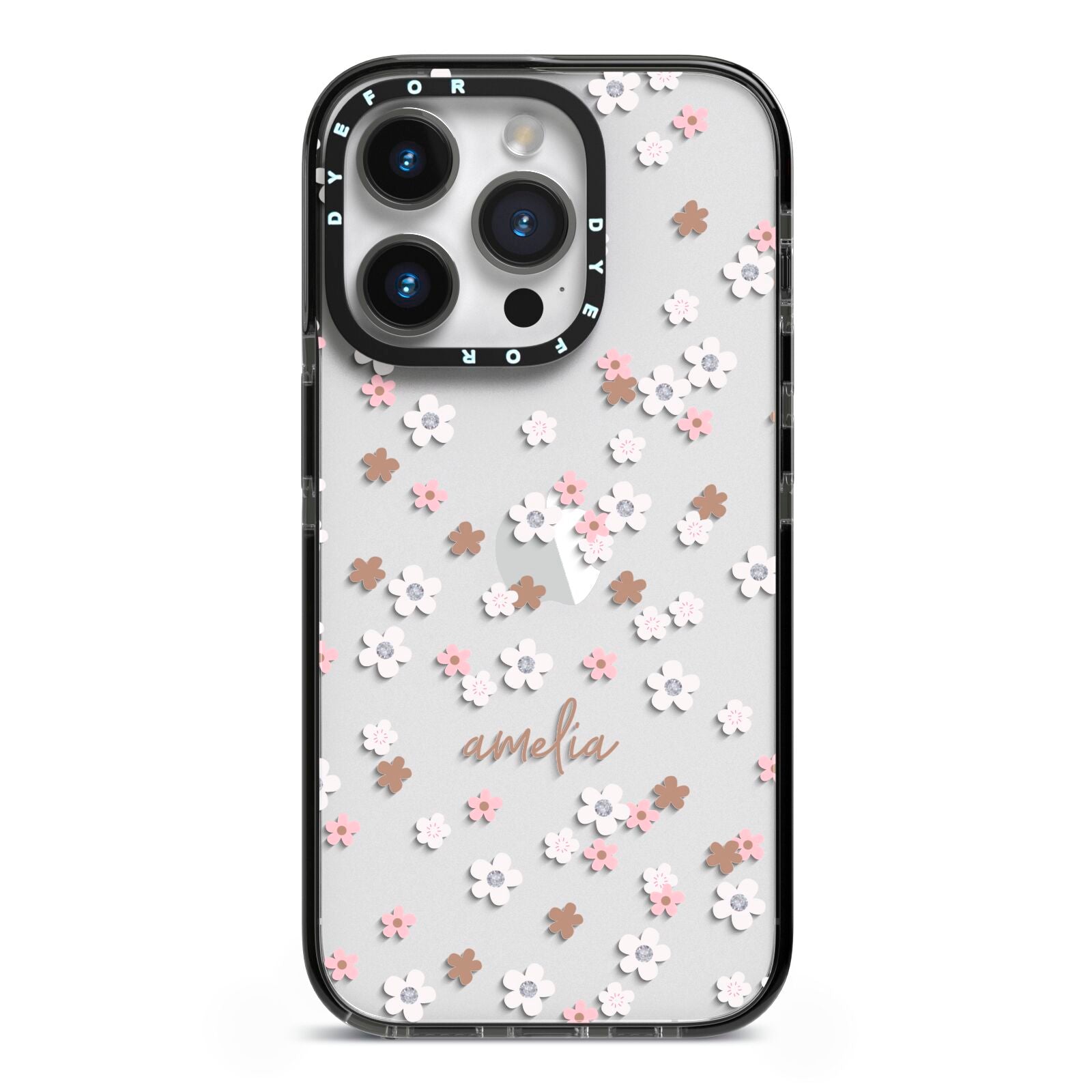 Cherry Blossom with Name iPhone 14 Pro Black Impact Case on Silver phone