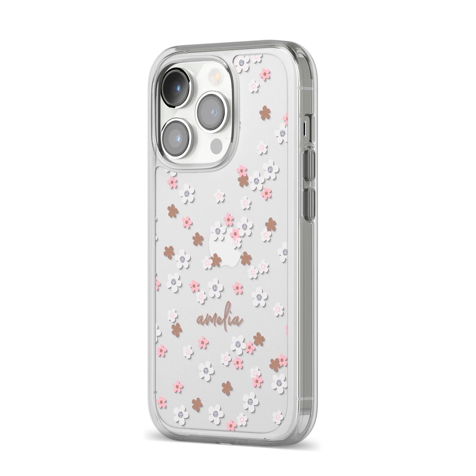 Cherry Blossom with Name iPhone 14 Pro Clear Tough Case Silver Angled Image