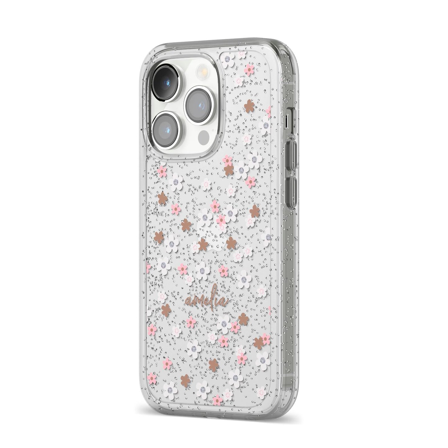 Cherry Blossom with Name iPhone 14 Pro Glitter Tough Case Silver Angled Image