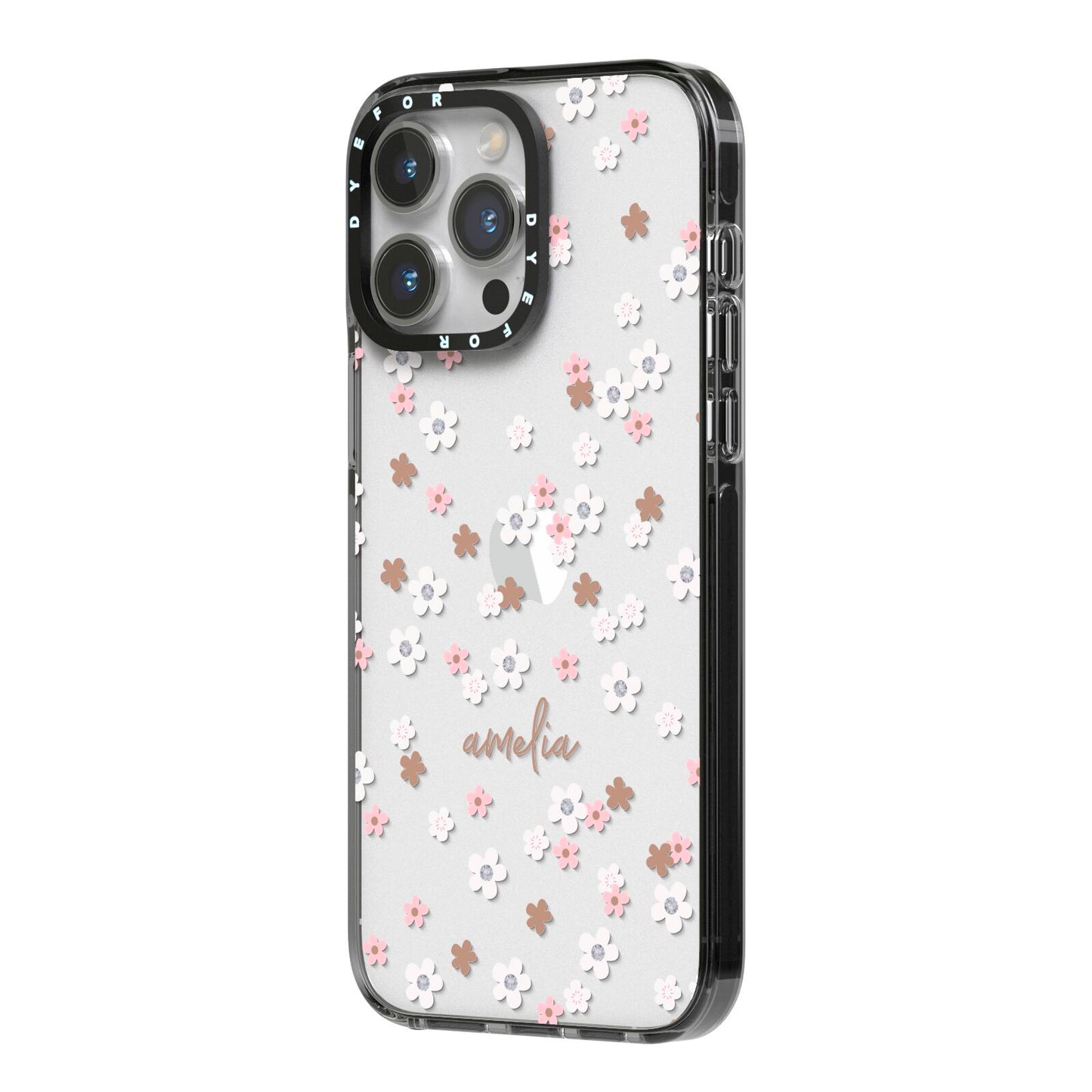 Cherry Blossom with Name iPhone 14 Pro Max Black Impact Case Side Angle on Silver phone