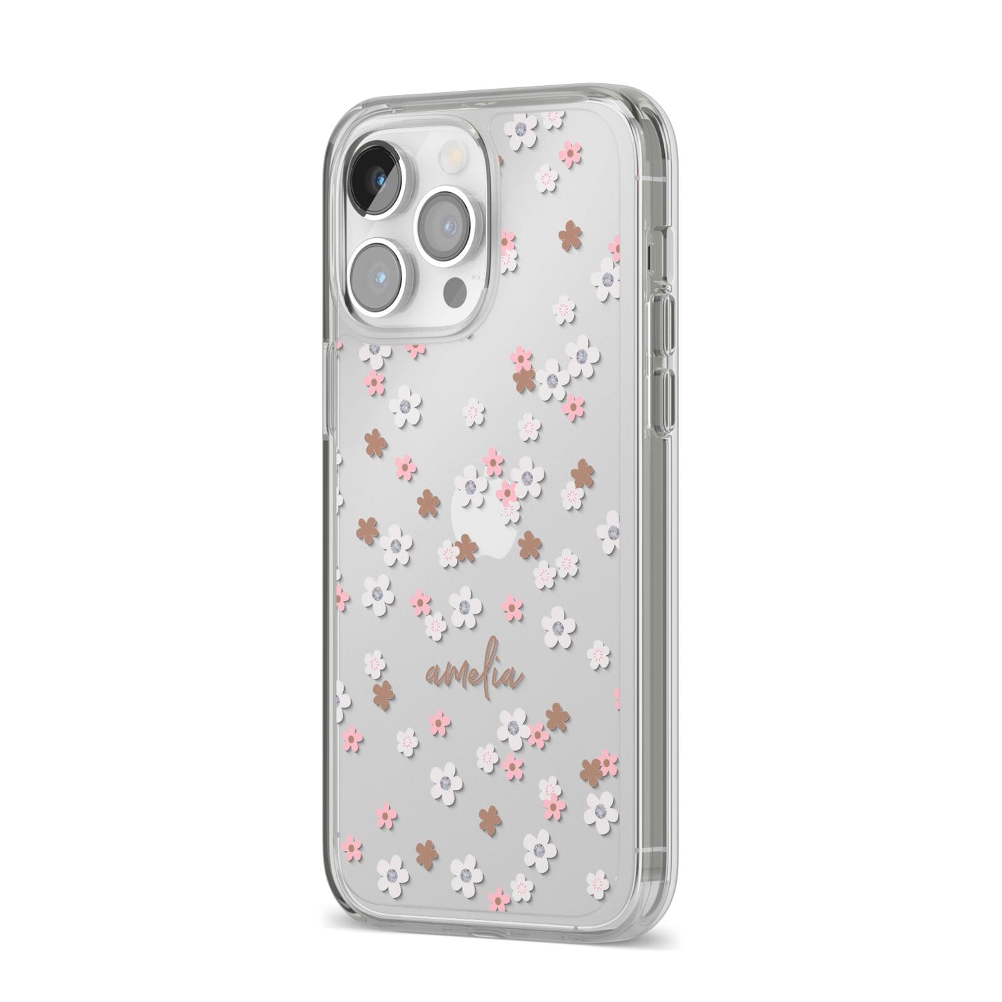 Cherry Blossom with Name iPhone 14 Pro Max Clear Tough Case Silver Angled Image