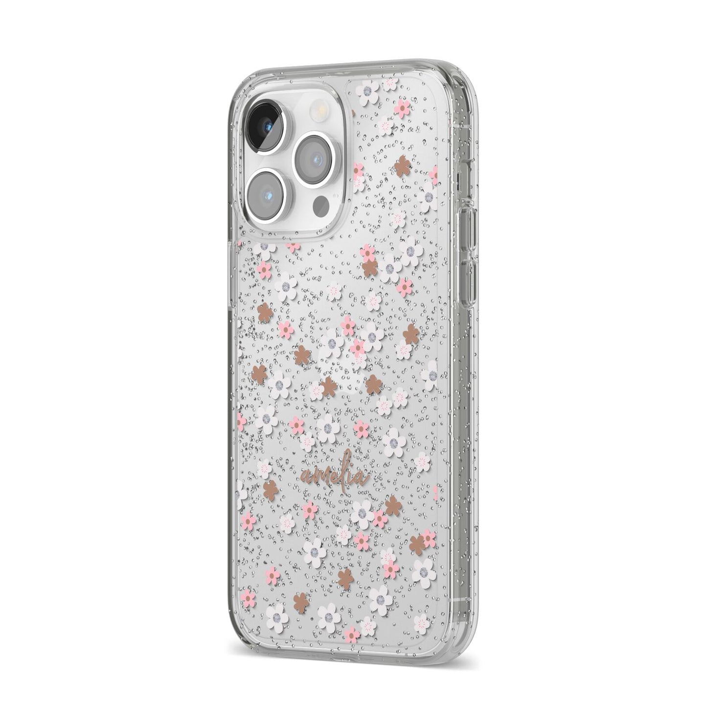 Cherry Blossom with Name iPhone 14 Pro Max Glitter Tough Case Silver Angled Image