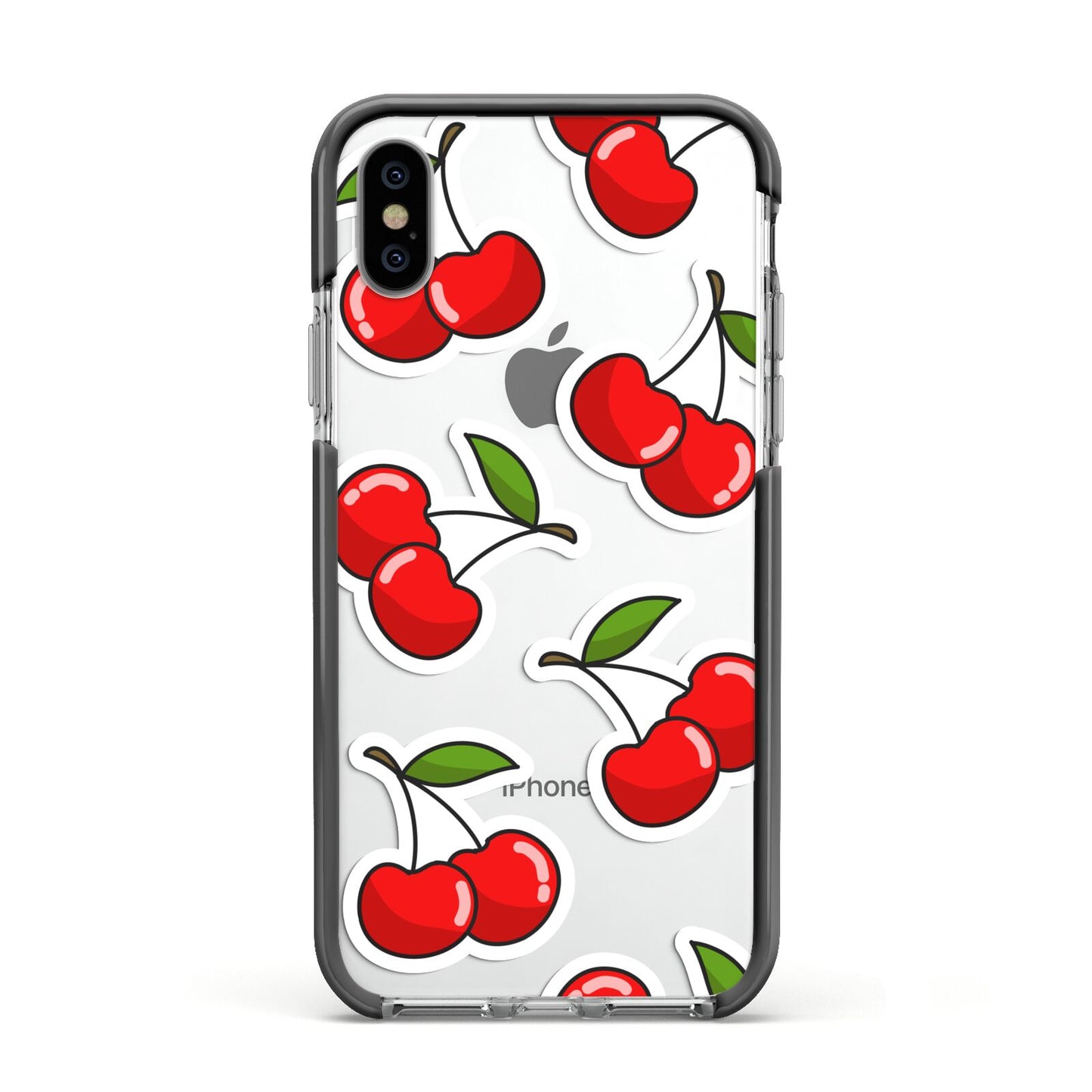 Cherry Pattern Apple iPhone Xs Impact Case Black Edge on Silver Phone