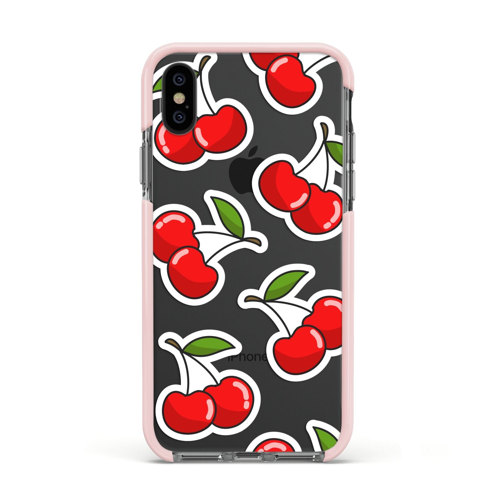 Cherry Pattern Apple iPhone Xs Impact Case Pink Edge on Black Phone