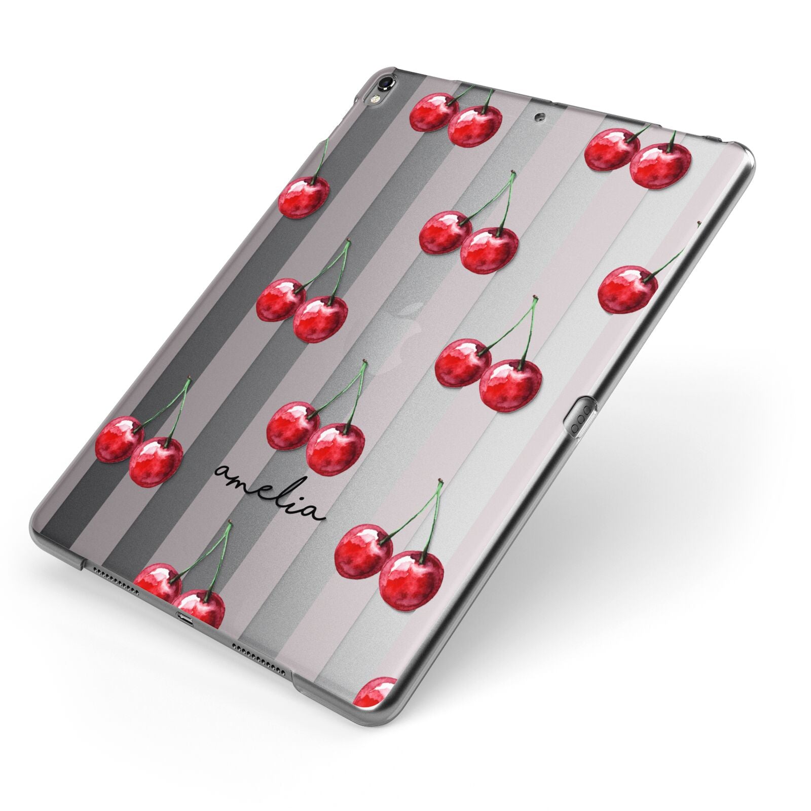 Cherry and Stripes with Name Apple iPad Case on Grey iPad Side View