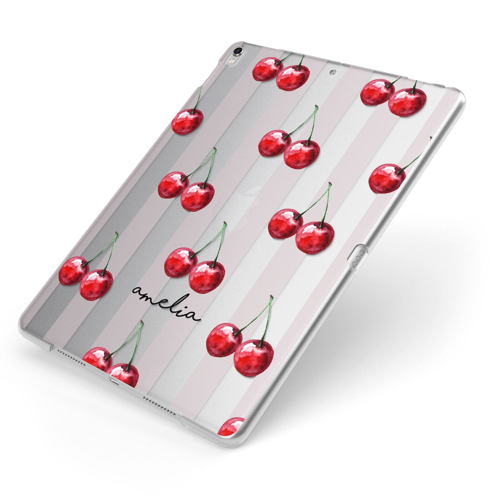 Cherry and Stripes with Name Apple iPad Case on Silver iPad Side View