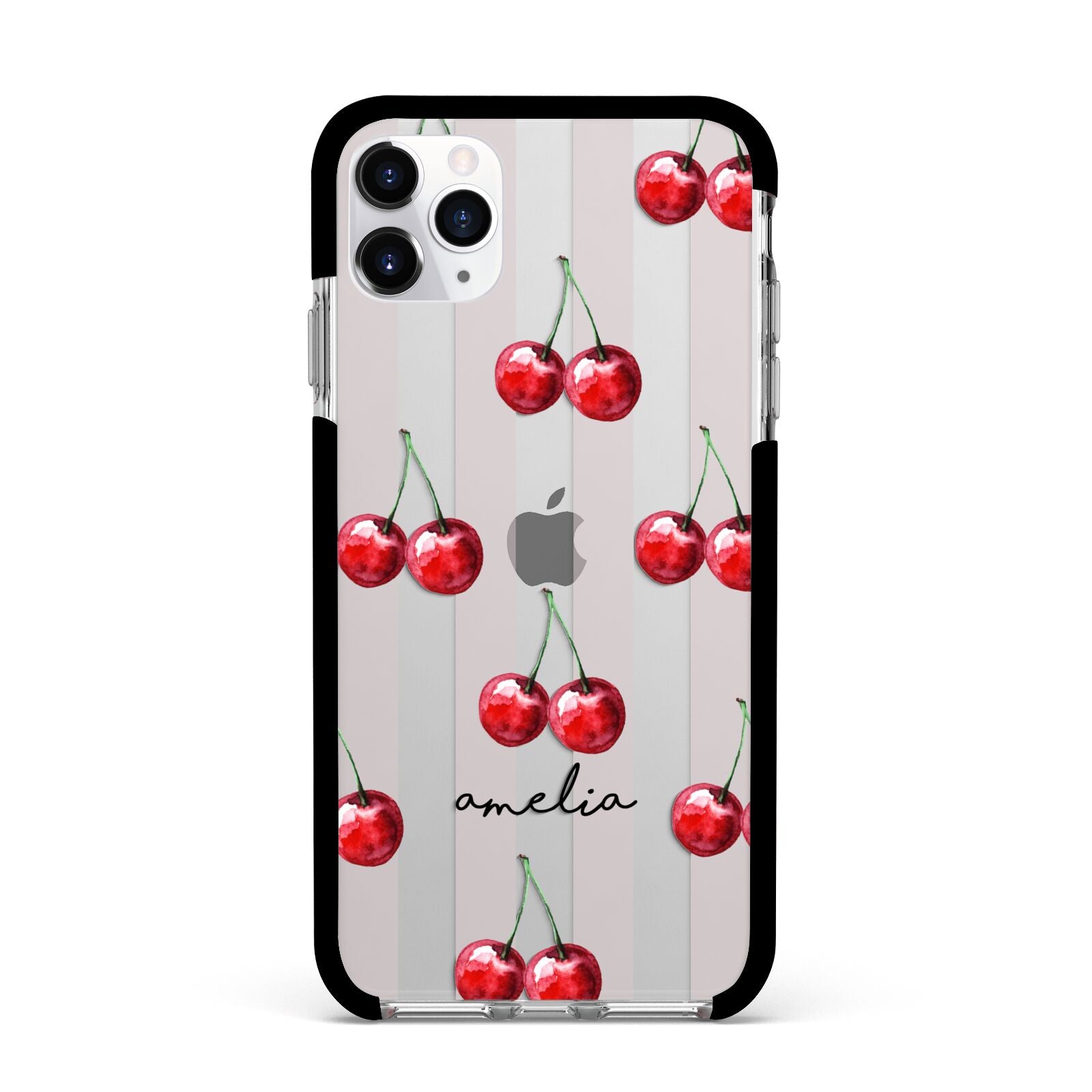 Cherry and Stripes with Name Apple iPhone 11 Pro Max in Silver with Black Impact Case