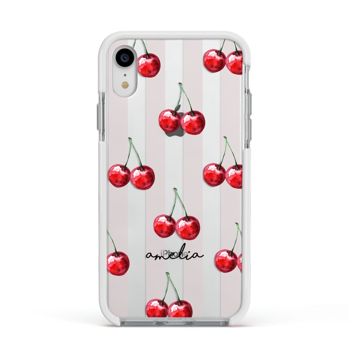 Cherry and Stripes with Name Apple iPhone XR Impact Case White Edge on Silver Phone