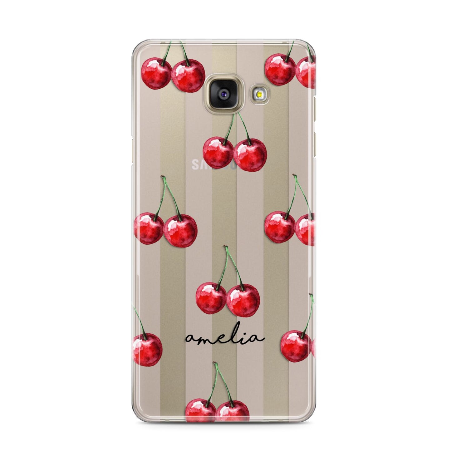 Cherry and Stripes with Name Samsung Galaxy A3 2016 Case on gold phone