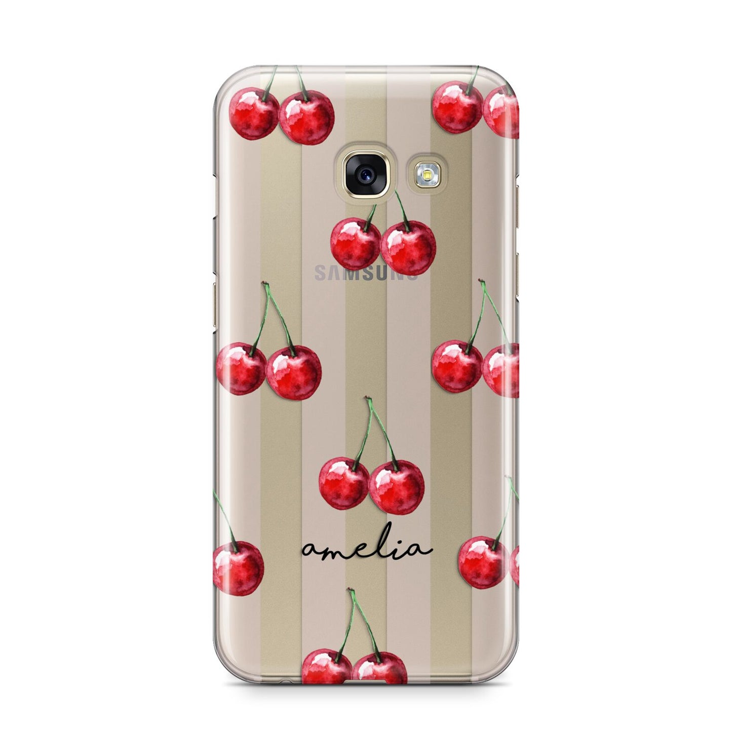 Cherry and Stripes with Name Samsung Galaxy A3 2017 Case on gold phone