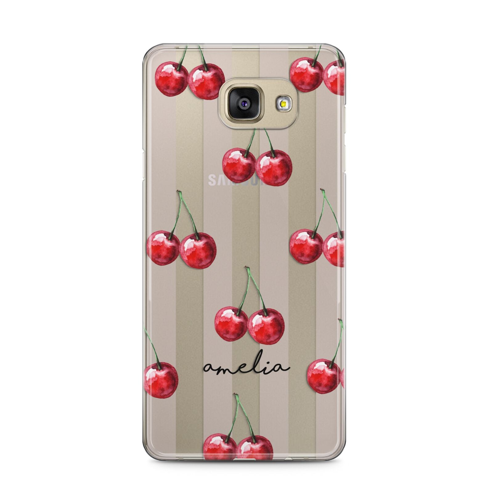 Cherry and Stripes with Name Samsung Galaxy A5 2016 Case on gold phone