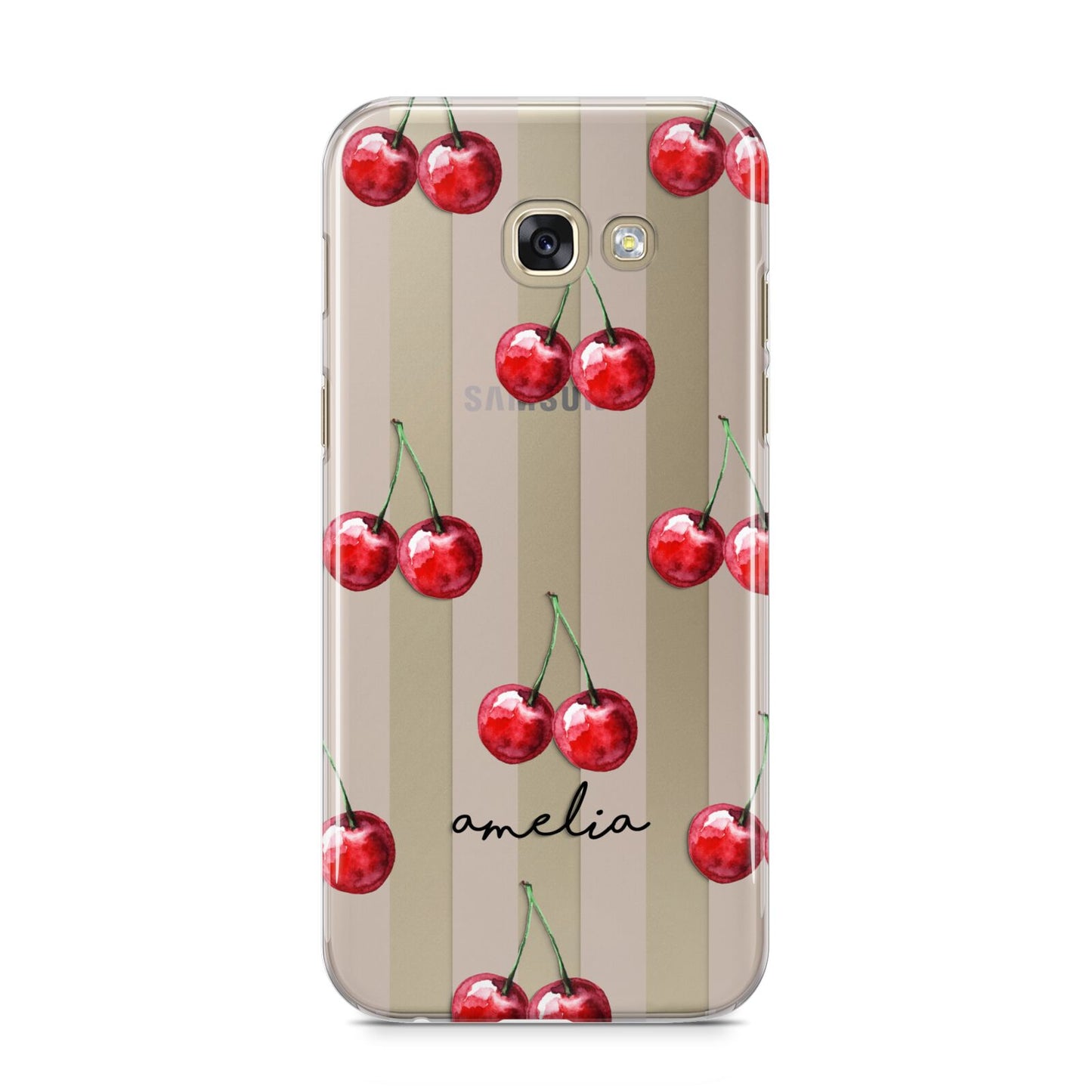 Cherry and Stripes with Name Samsung Galaxy A5 2017 Case on gold phone