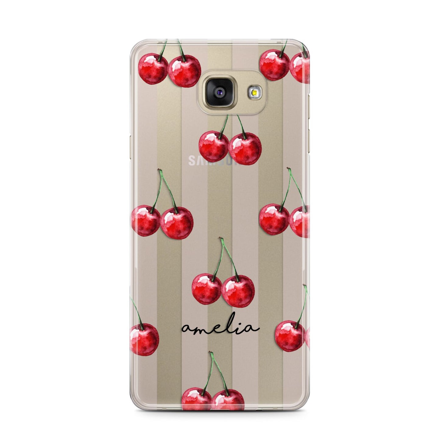 Cherry and Stripes with Name Samsung Galaxy A7 2016 Case on gold phone