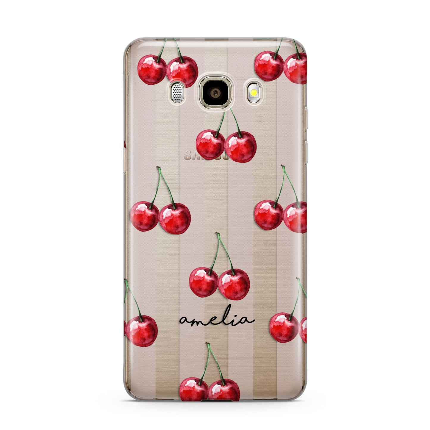 Cherry and Stripes with Name Samsung Galaxy J7 2016 Case on gold phone