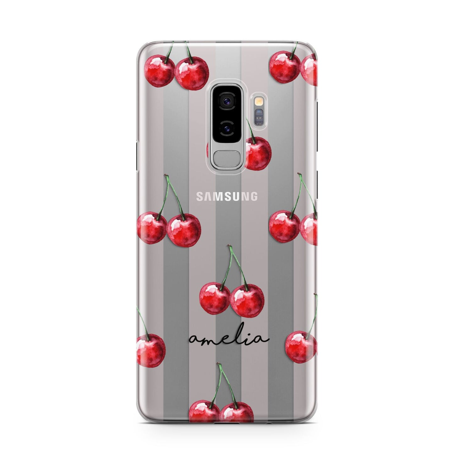 Cherry and Stripes with Name Samsung Galaxy S9 Plus Case on Silver phone