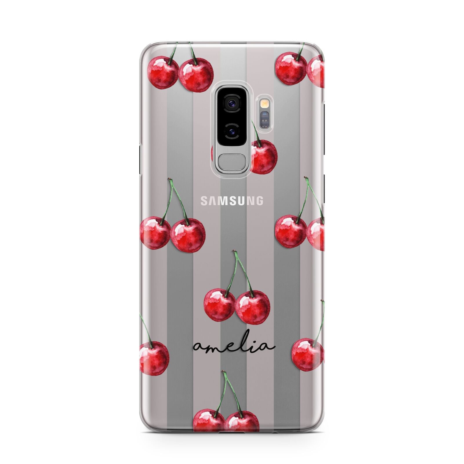 Cherry and Stripes with Name Samsung Galaxy S9 Plus Case on Silver phone