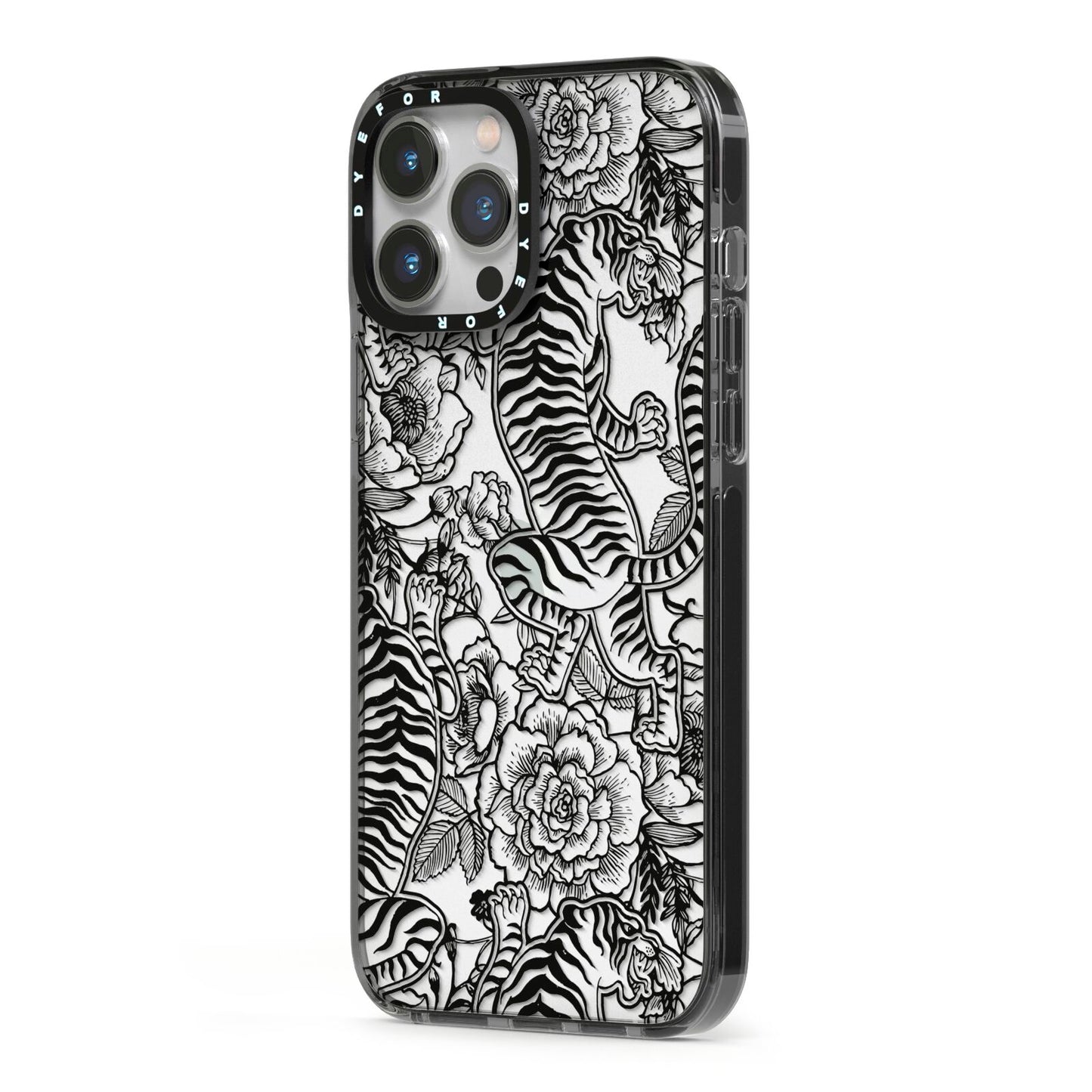 Chinese Tiger iPhone 13 Pro Max Black Impact Case Side Angle on Silver phone