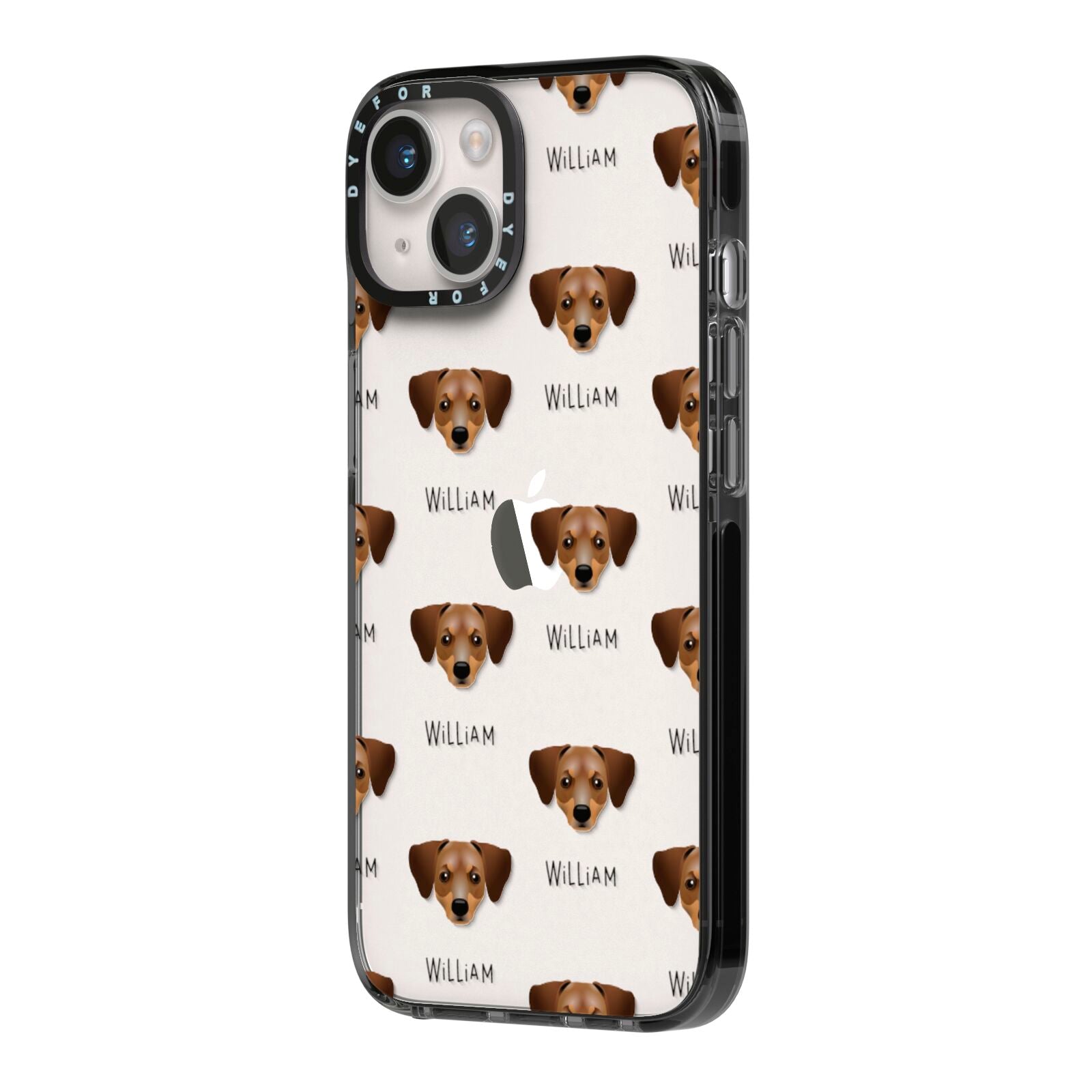 Chiweenie Icon with Name iPhone 14 Black Impact Case Side Angle on Silver phone