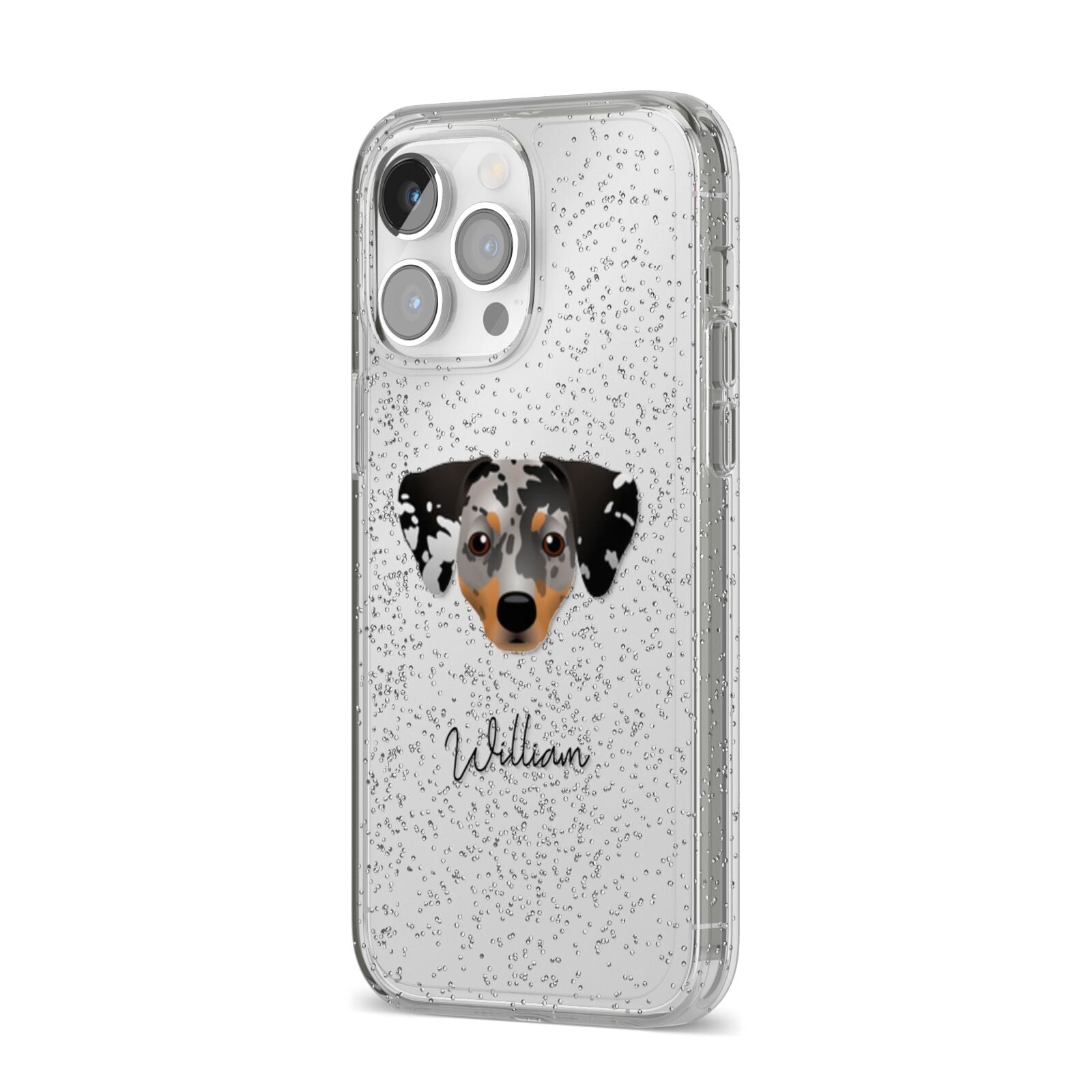 Chiweenie Personalised iPhone 14 Pro Max Glitter Tough Case Silver Angled Image