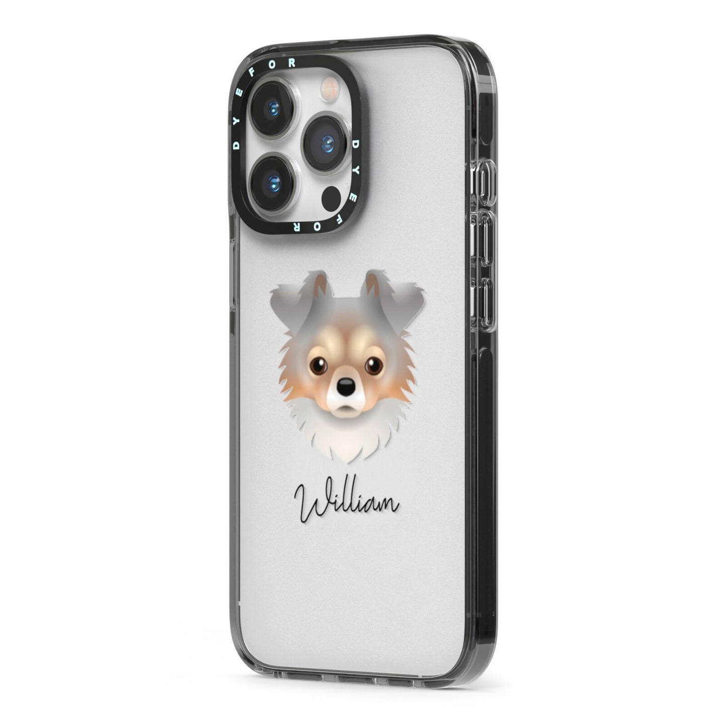 Chorkie Personalised iPhone 13 Pro Black Impact Case Side Angle on Silver phone