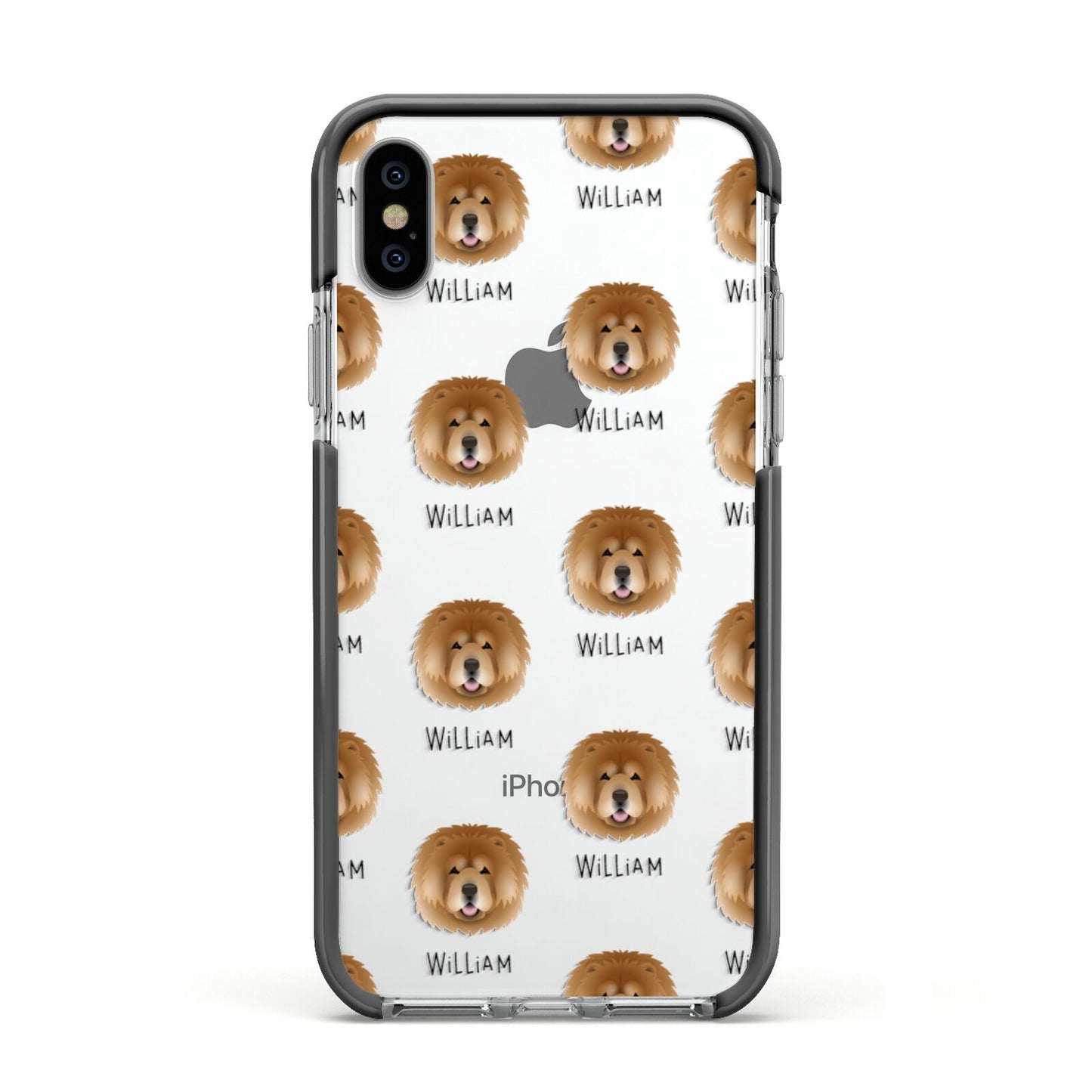 Chow Chow Icon with Name Apple iPhone Xs Impact Case Black Edge on Silver Phone