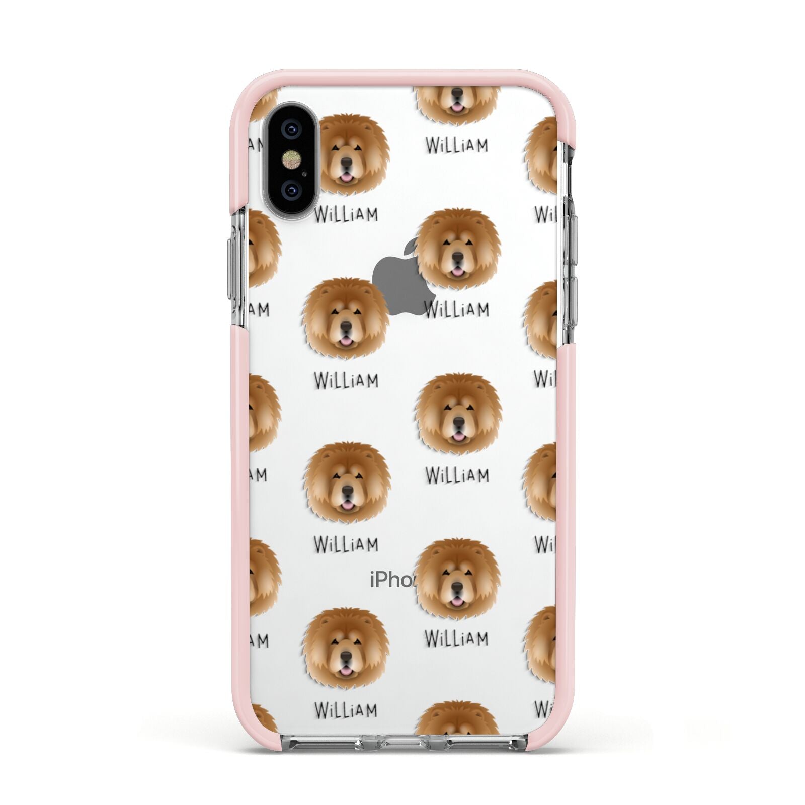 Chow Chow Icon with Name Apple iPhone Xs Impact Case Pink Edge on Silver Phone