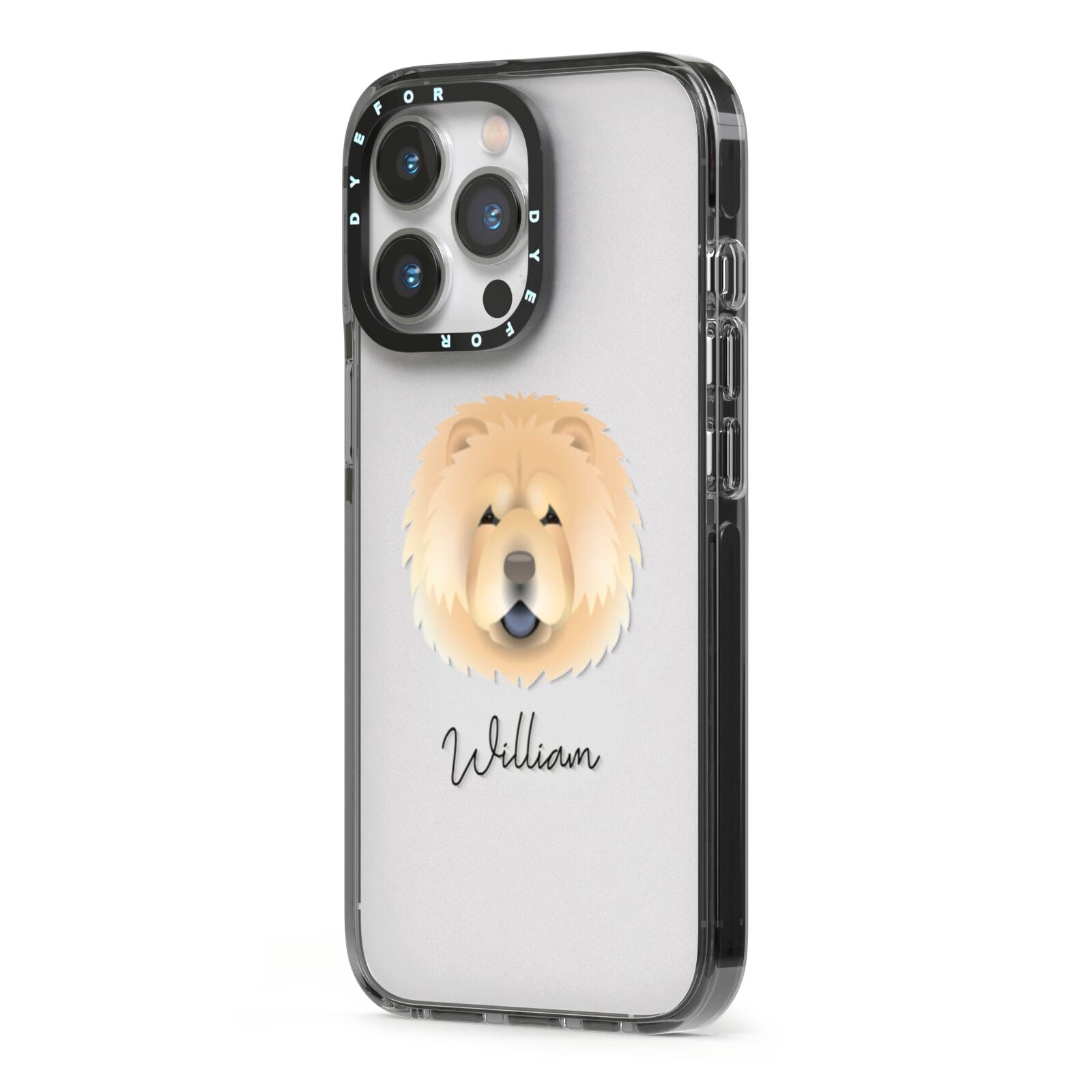 Chow Chow Personalised iPhone 13 Pro Black Impact Case Side Angle on Silver phone