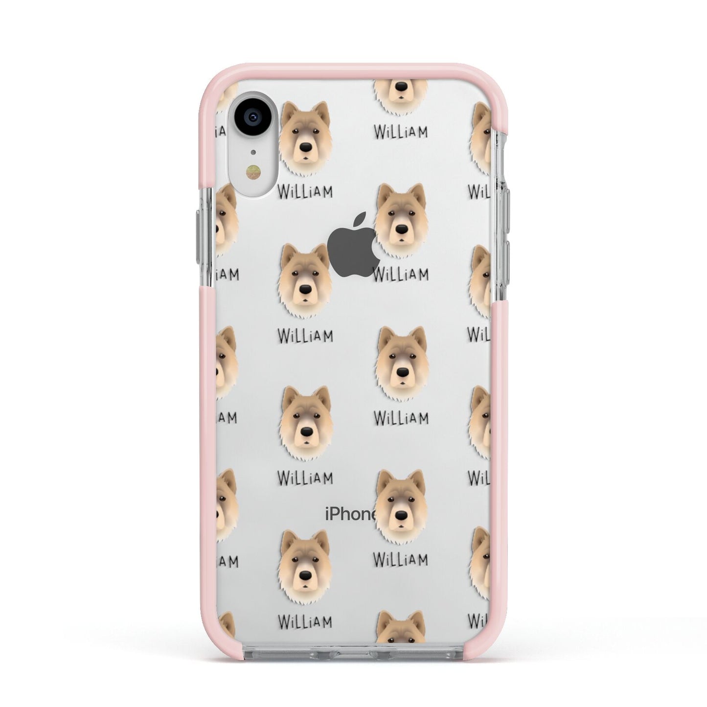 Chow Shepherd Icon with Name Apple iPhone XR Impact Case Pink Edge on Silver Phone