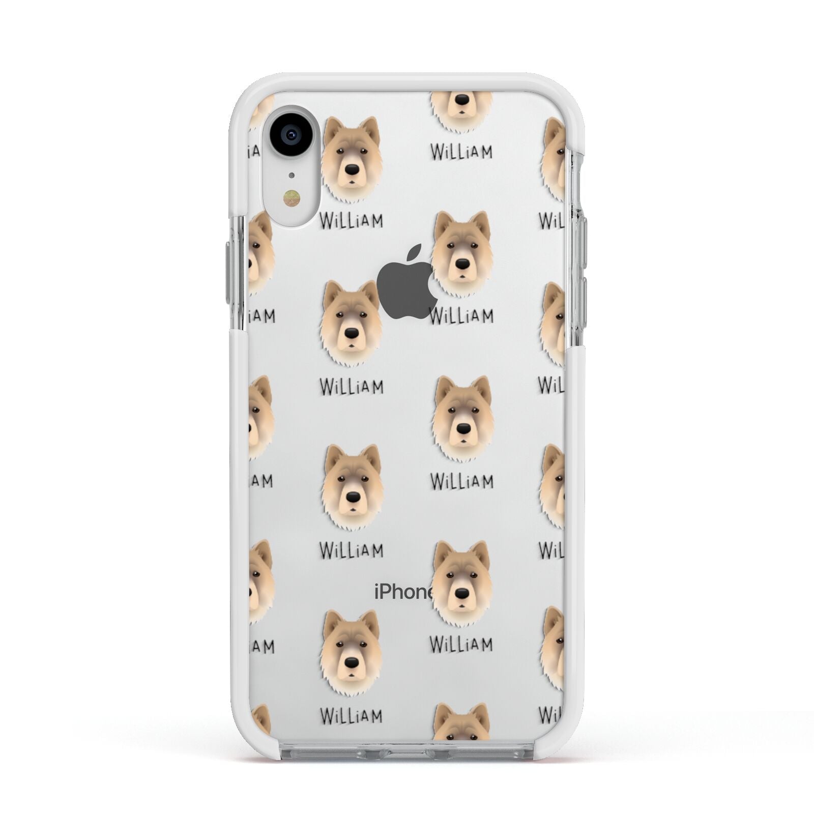 Chow Shepherd Icon with Name Apple iPhone XR Impact Case White Edge on Silver Phone