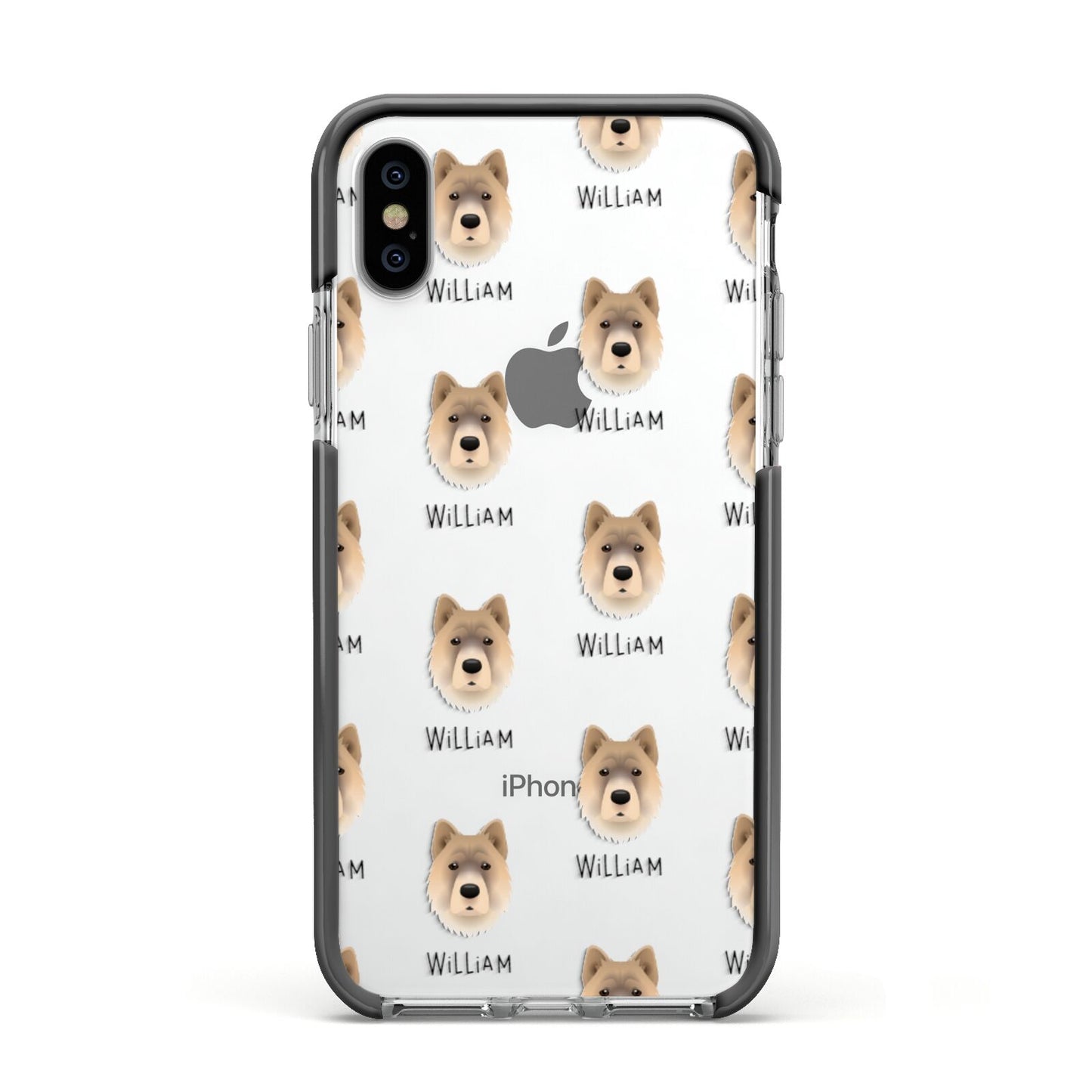 Chow Shepherd Icon with Name Apple iPhone Xs Impact Case Black Edge on Silver Phone