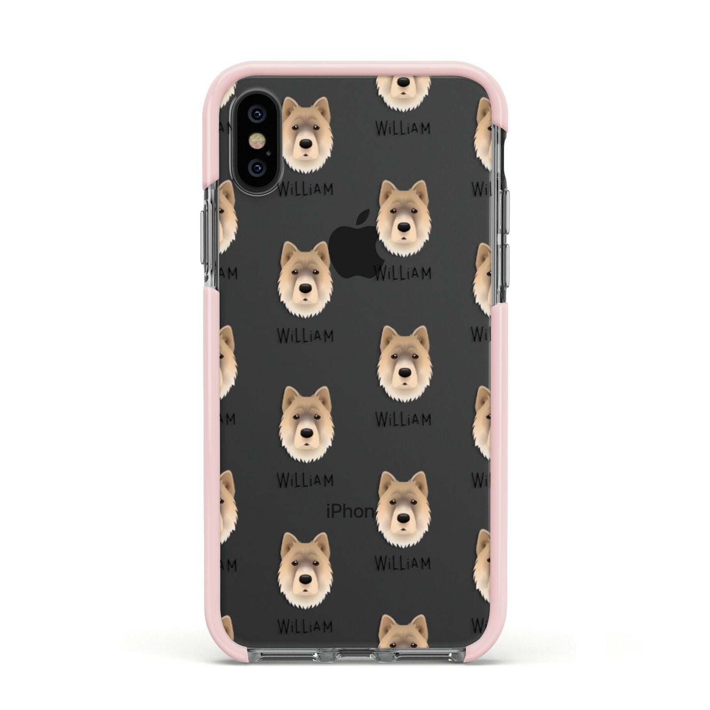 Chow Shepherd Icon with Name Apple iPhone Xs Impact Case Pink Edge on Black Phone