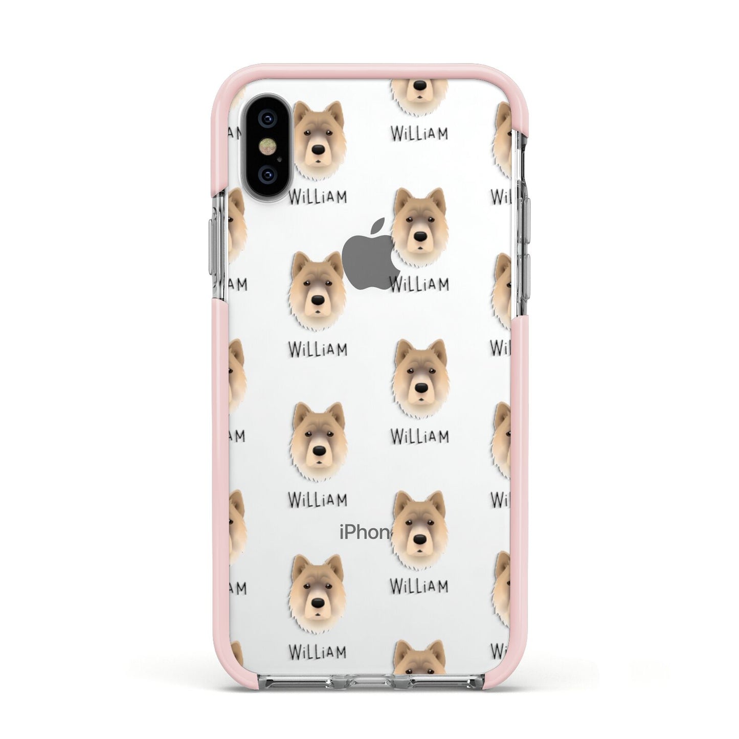 Chow Shepherd Icon with Name Apple iPhone Xs Impact Case Pink Edge on Silver Phone