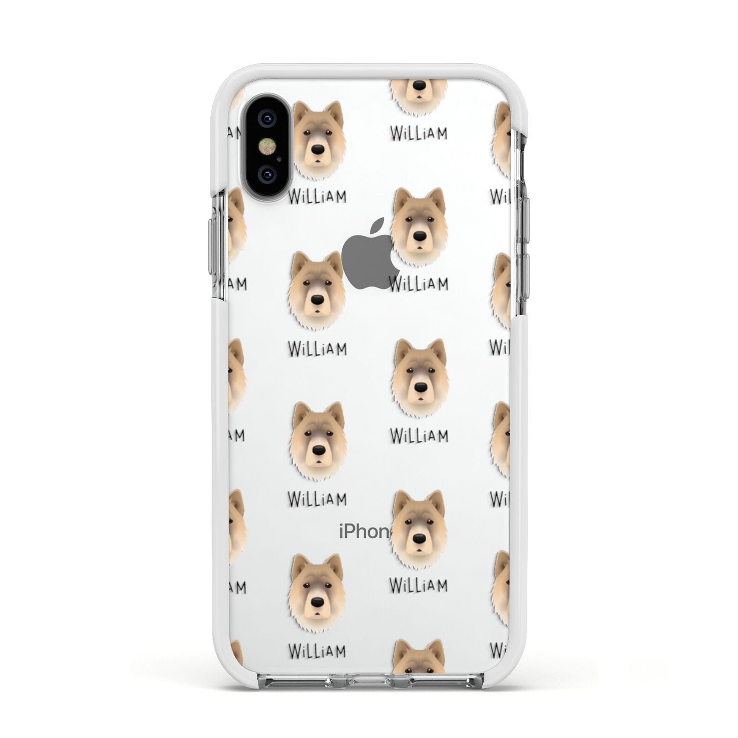 Chow Shepherd Icon with Name Apple iPhone Xs Impact Case White Edge on Silver Phone