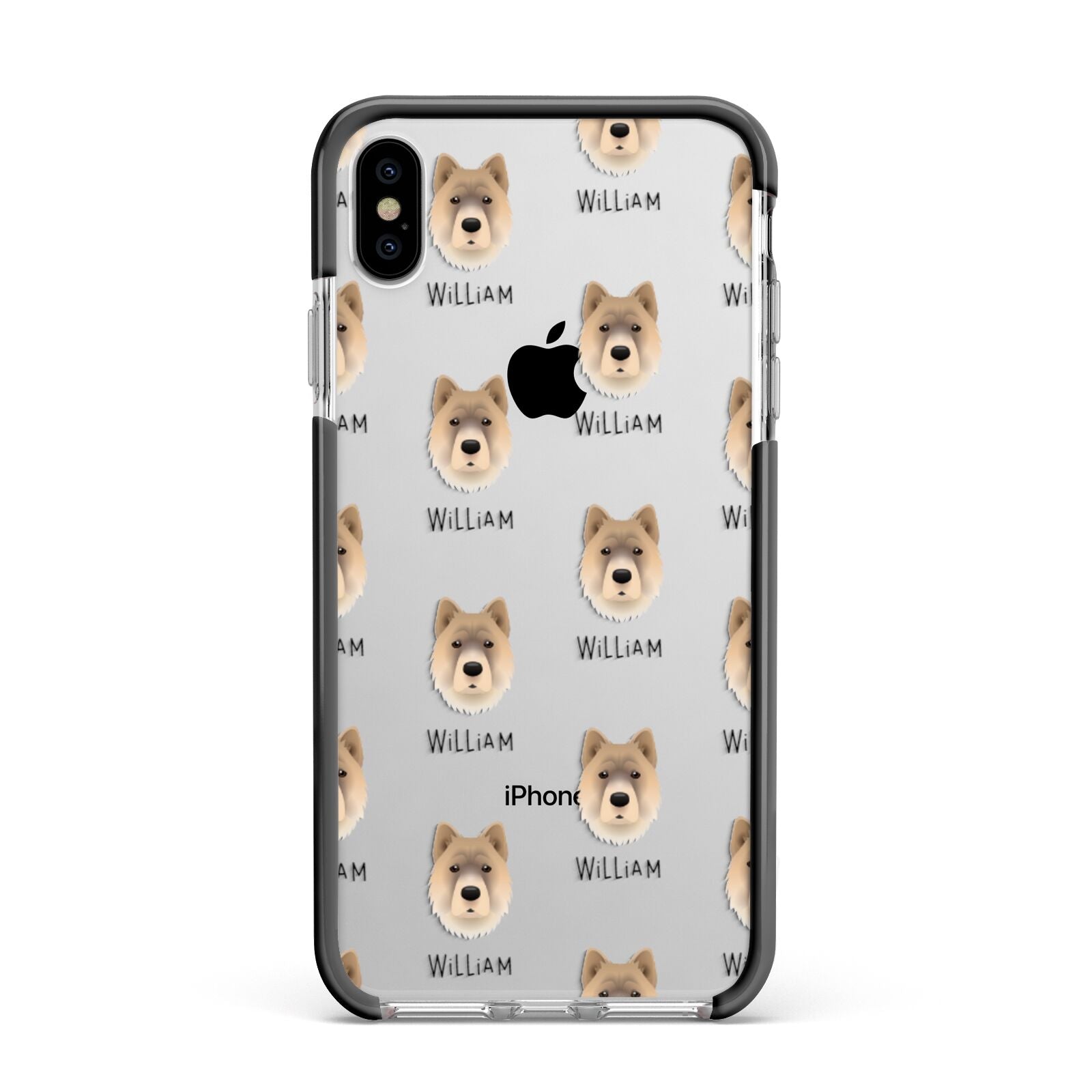 Chow Shepherd Icon with Name Apple iPhone Xs Max Impact Case Black Edge on Silver Phone