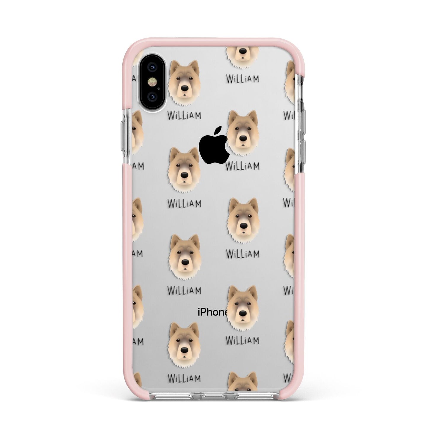 Chow Shepherd Icon with Name Apple iPhone Xs Max Impact Case Pink Edge on Silver Phone