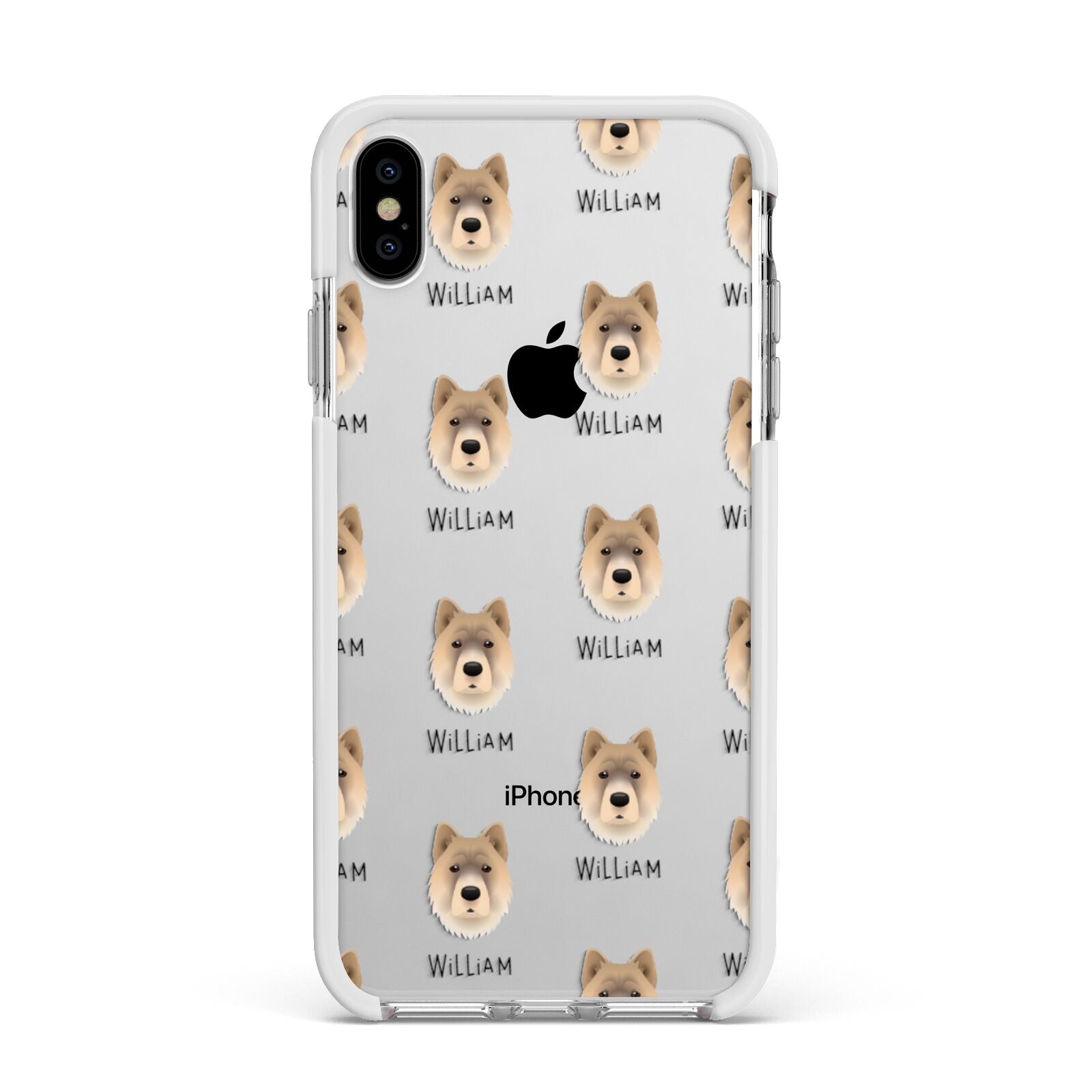 Chow Shepherd Icon with Name Apple iPhone Xs Max Impact Case White Edge on Silver Phone