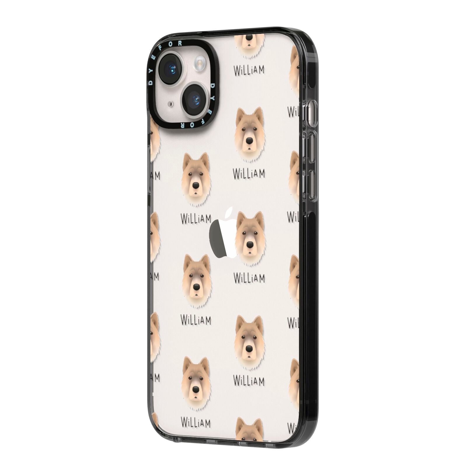 Chow Shepherd Icon with Name iPhone 14 Plus Black Impact Case Side Angle on Silver phone