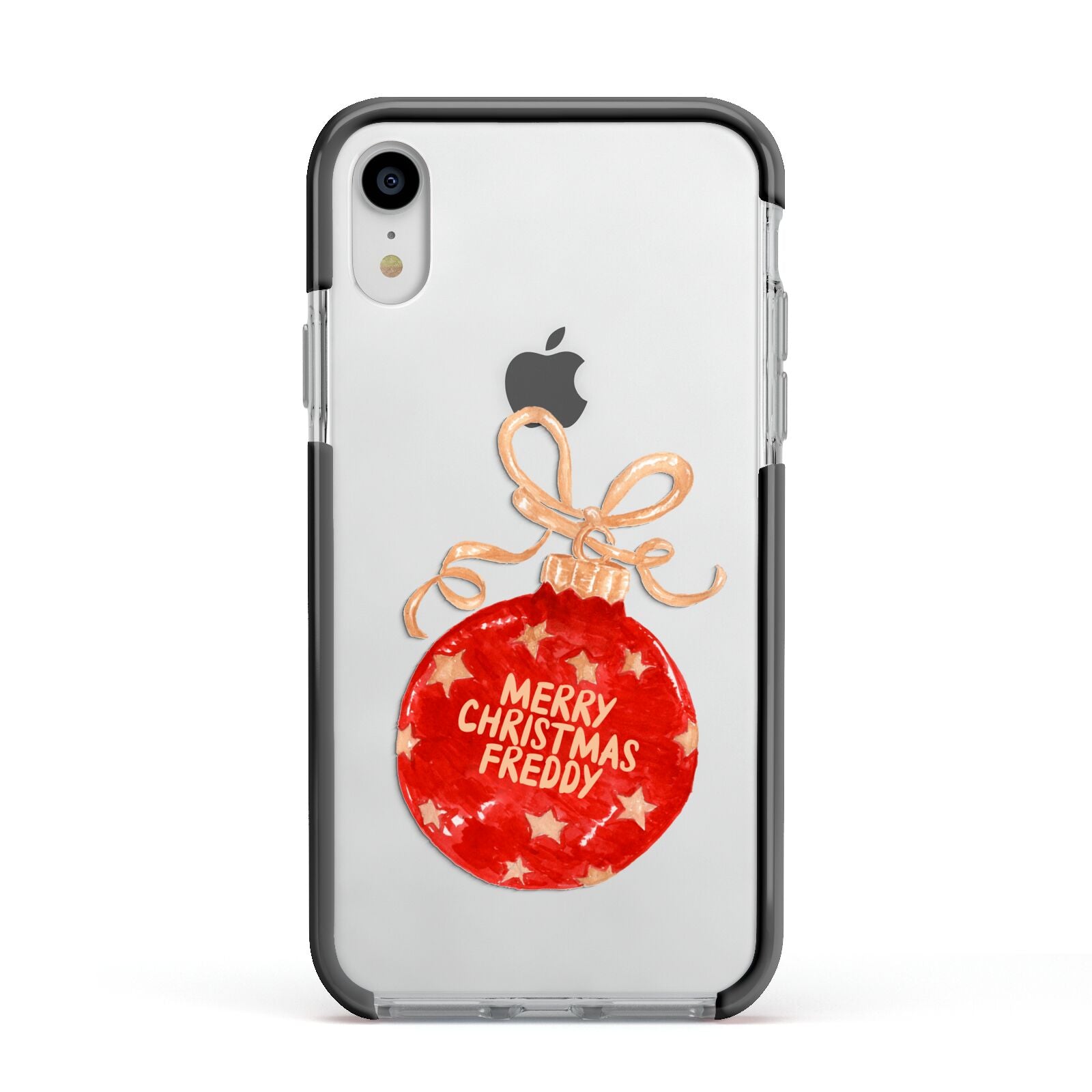 Christmas Bauble Personalised Apple iPhone XR Impact Case Black Edge on Silver Phone