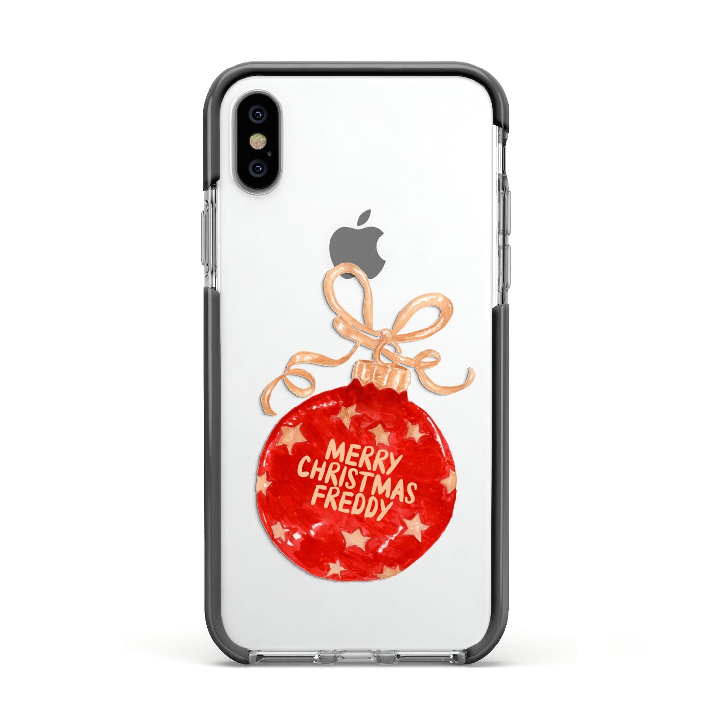 Christmas Bauble Personalised Apple iPhone Xs Impact Case Black Edge on Silver Phone